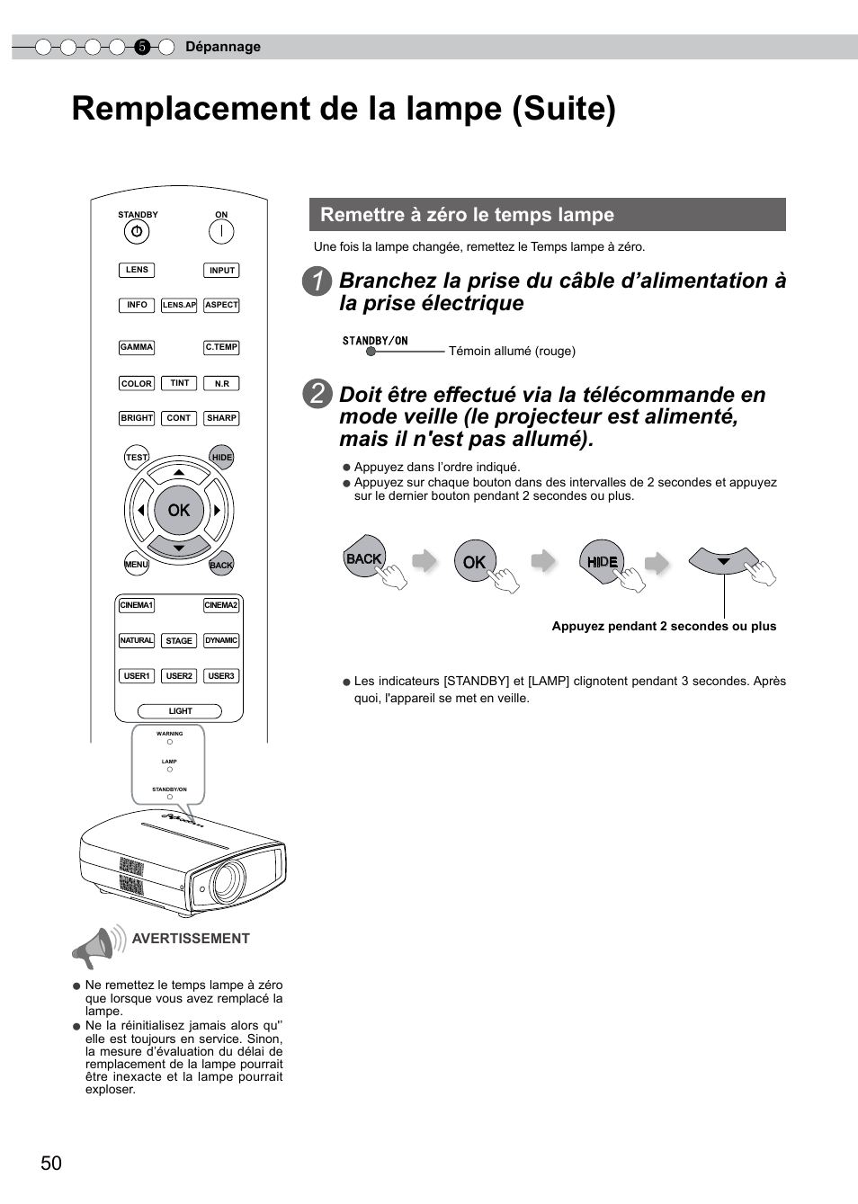 Remettre à zéro le temps lampe, Remettre, À zéro le temps lampe | Interface rs-232c, Remplacement de la lampe (suite) | JVC PB006596599-0 User Manual | Page 110 / 181