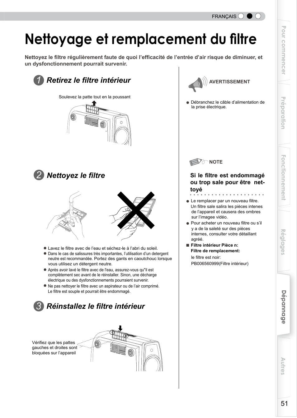 Nettoyage et remplacement du filtre, Filtre, Retirez le filtre intérieur | Réinstallez le filtre intérieur, Nettoyez le filtre | JVC PB006596599-0 User Manual | Page 111 / 181