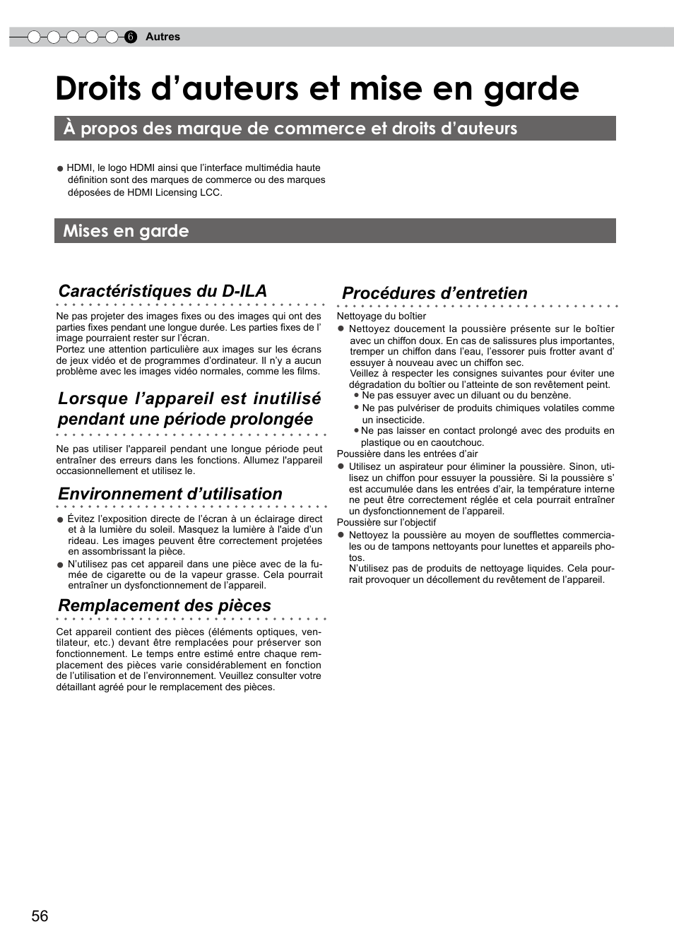 Autres, Droits d’auteurs et mise en garde, Mises en garde | Droits d'auteur et mise en garde, A propos des marque de commerce, Et droits d'auteurs | JVC PB006596599-0 User Manual | Page 116 / 181