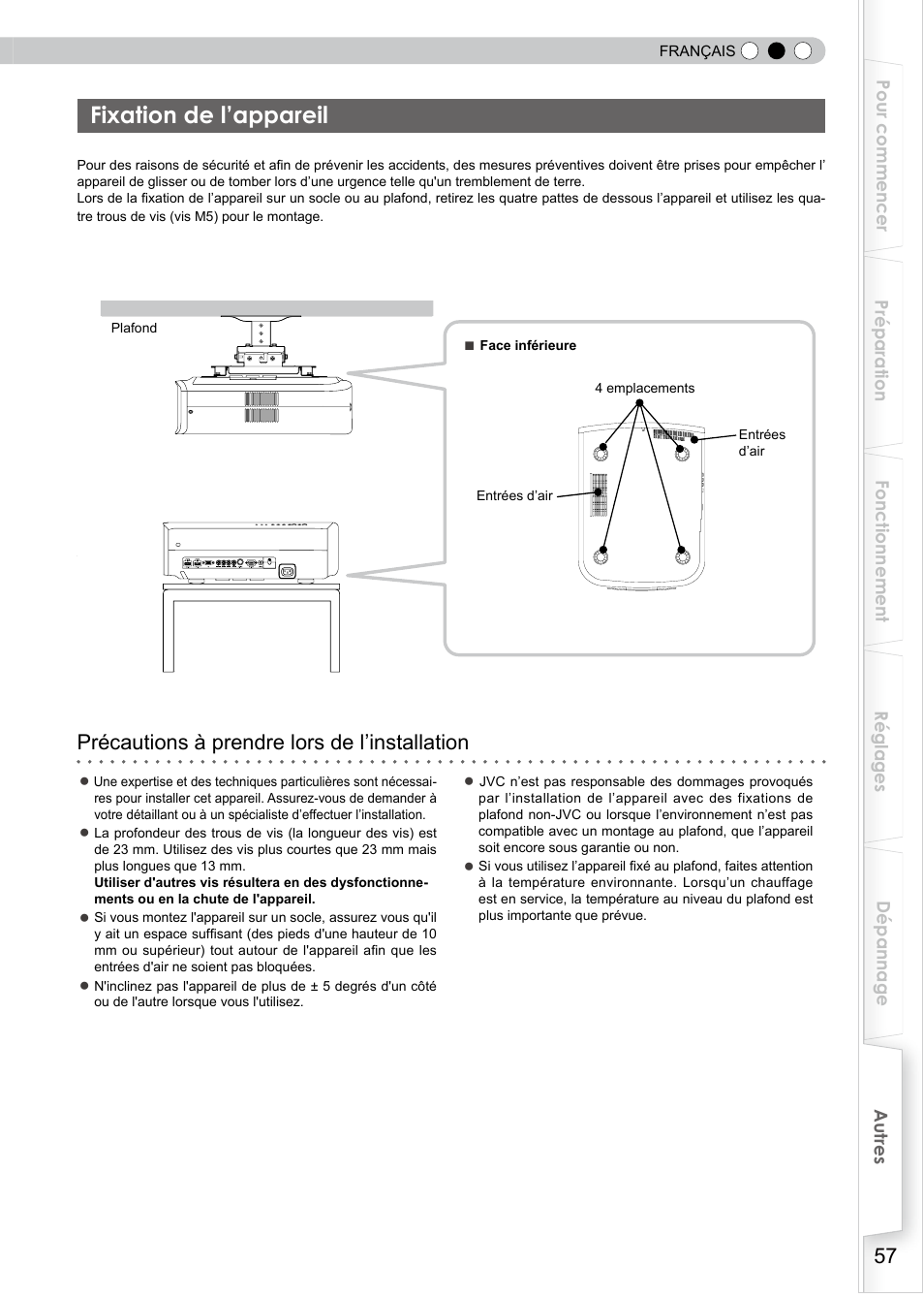 Fixation de l’appareil, Fixation de l'appareil, Précautions à prendre lors de l’installation | JVC PB006596599-0 User Manual | Page 117 / 181