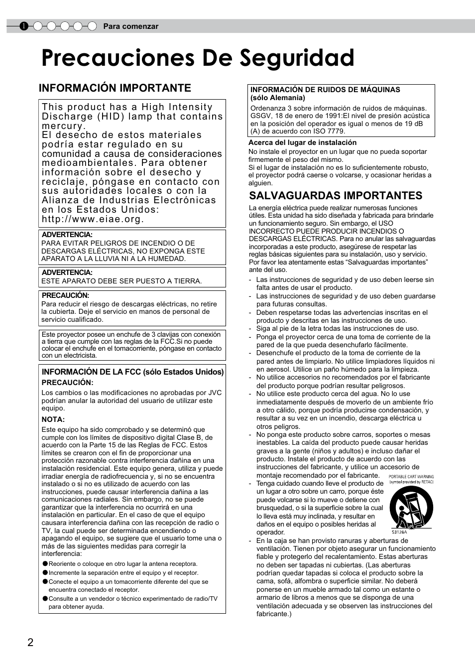 Para comenzar, Precauciones de seguridad, Salvaguardas importantes | Información importante | JVC PB006596599-0 User Manual | Page 122 / 181