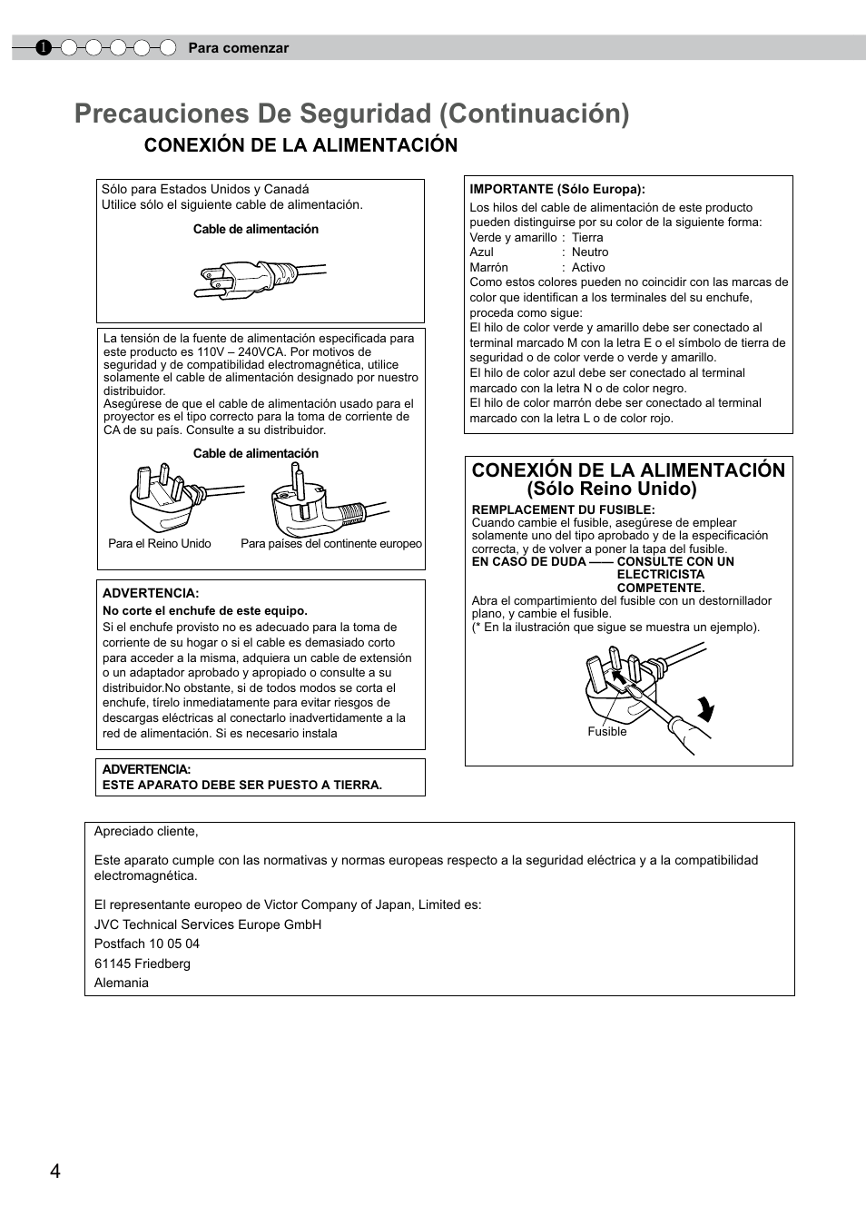 Precauciones de seguridad (continuación), Conexión de la alimentación, Conexión de la alimentación (sólo reino unido) | JVC PB006596599-0 User Manual | Page 124 / 181