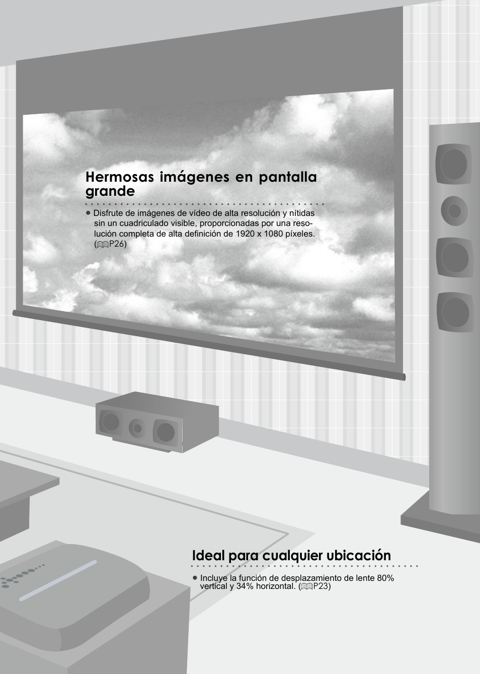 Hermosas imágenes en pantalla grande, Ideal para cualquier ubicación | JVC PB006596599-0 User Manual | Page 131 / 181