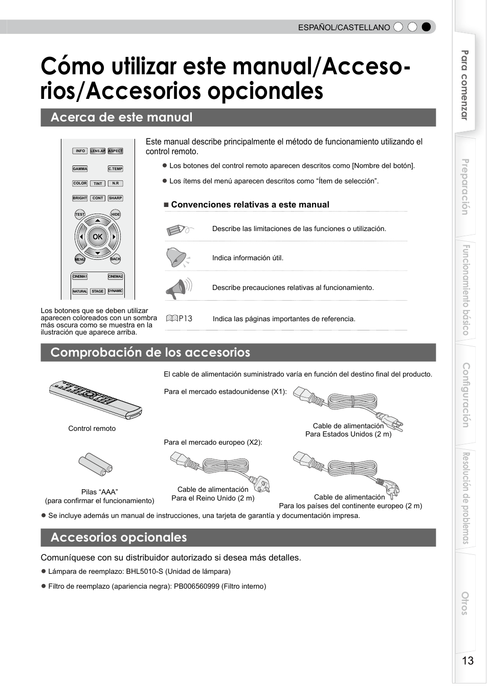 Acerca de este manual, Comprobación de los accesorios, Accesorios opcionales | Cómo utilizar este manual/acceso, Rios/accesorios opcionales | JVC PB006596599-0 User Manual | Page 133 / 181