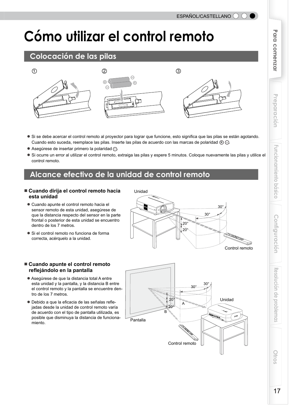 Cómo utilizar el control remoto, Colocación de las pilas, Alcance efectivo de la unidad de control remoto | Alcance efectivo de la unidaa de control, Remoto, Sensor remoto | JVC PB006596599-0 User Manual | Page 137 / 181