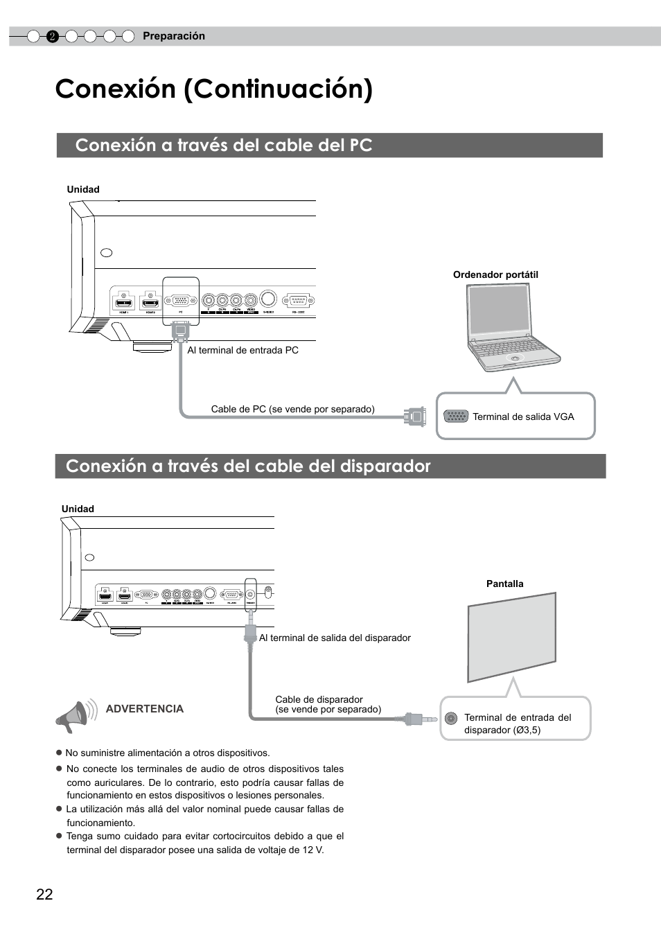 Conexión a través del cable del pc, Conexión a través del cable del disparador, Conexión a través del cable de vídeo | Conexión a través del cable del, Disparador, Conexión (continuación) | JVC PB006596599-0 User Manual | Page 142 / 181