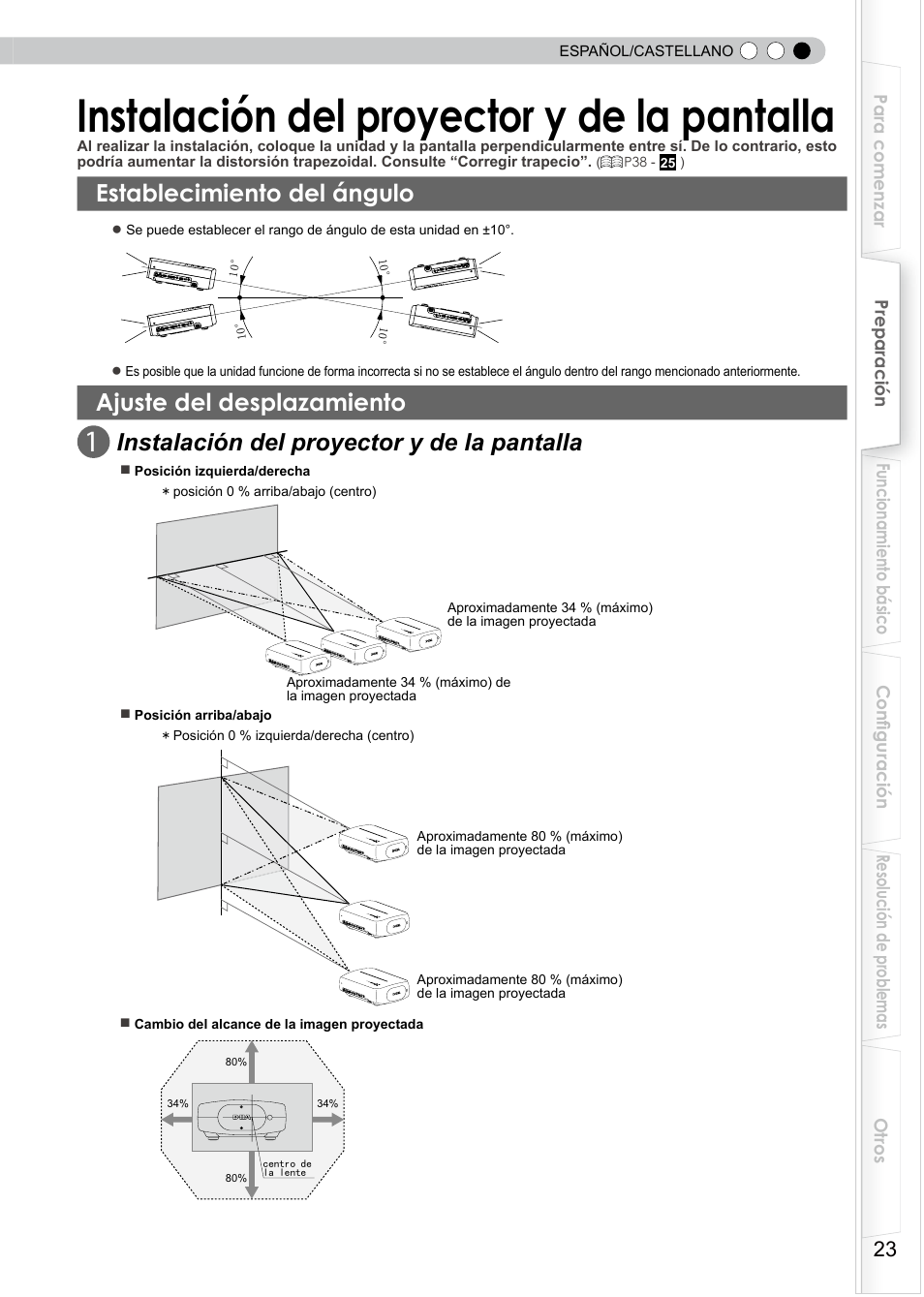 Instalación del proyector y de la pantalla, Establecimiento del ángulo, Ajuste del desplazamiento | Vertical y 34% horizontal, Instalación del proyector y de la, Pantalla | JVC PB006596599-0 User Manual | Page 143 / 181