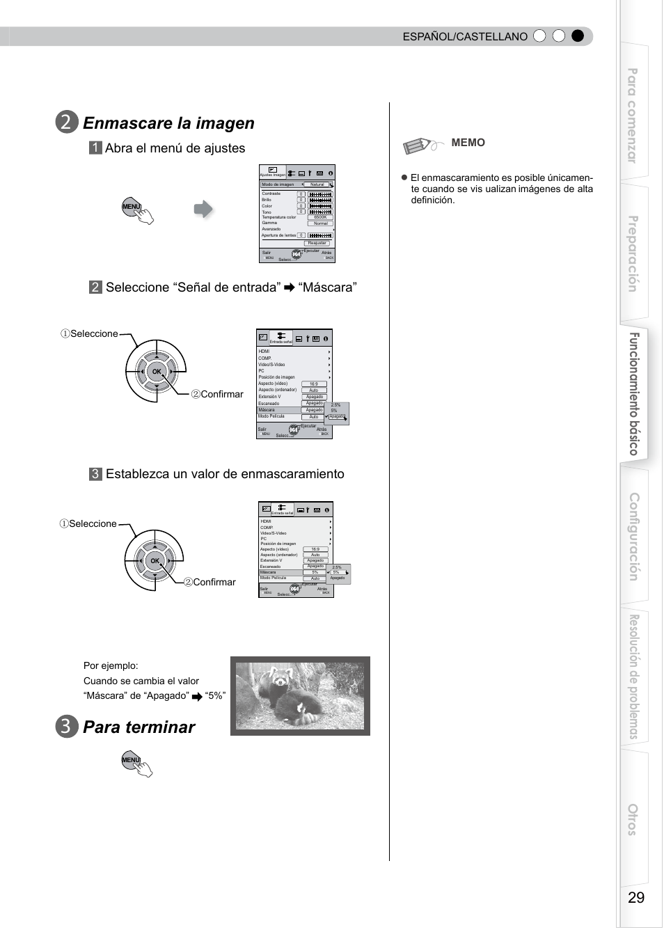 Enmascare la imagen, Para terminar, Máscara”  establezca un valor de enmascaramiento | Español/castellano | JVC PB006596599-0 User Manual | Page 149 / 181