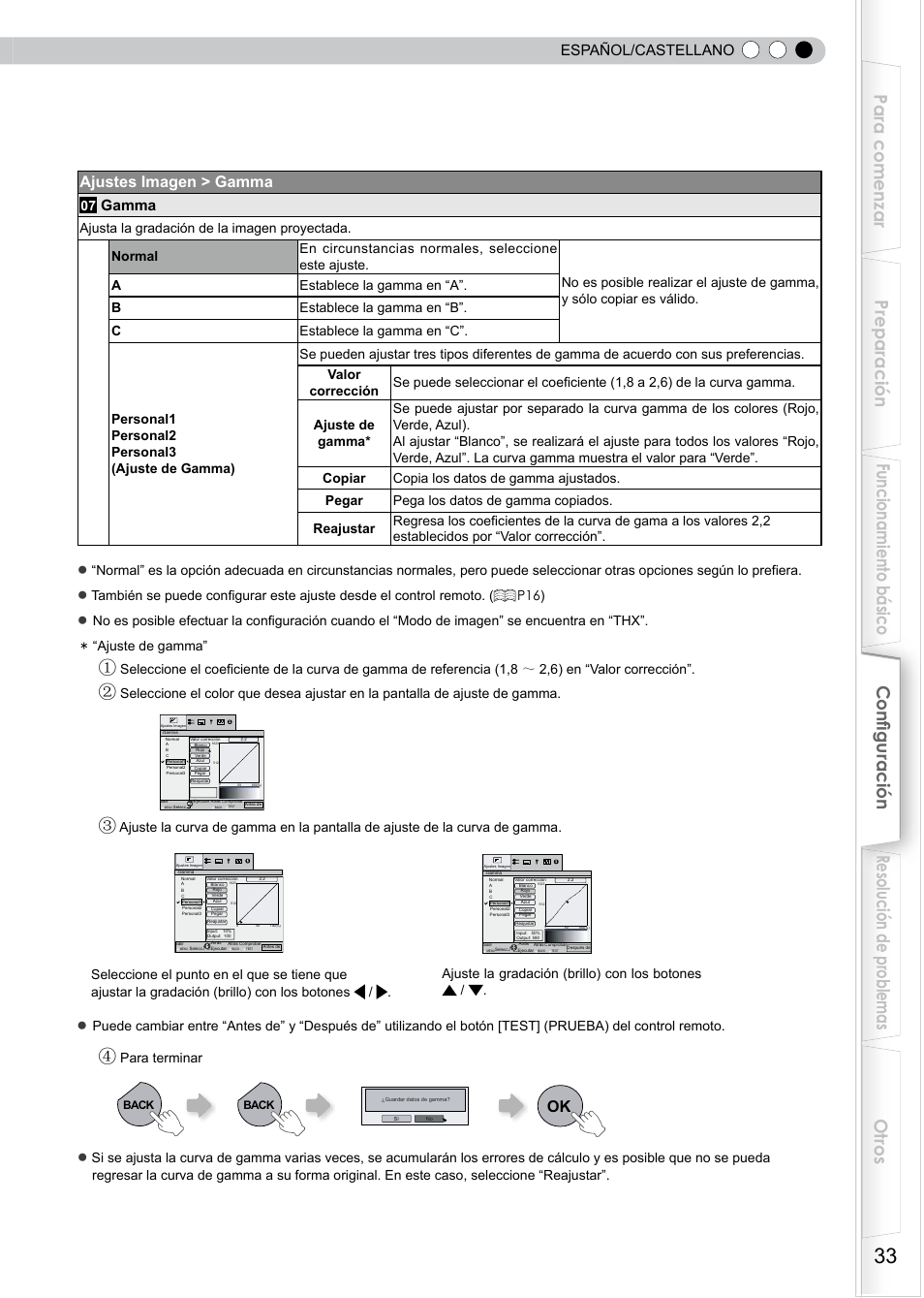 Ajustes imagen > gamma, Español/castellano, Gamma | Para terminar | JVC PB006596599-0 User Manual | Page 153 / 181