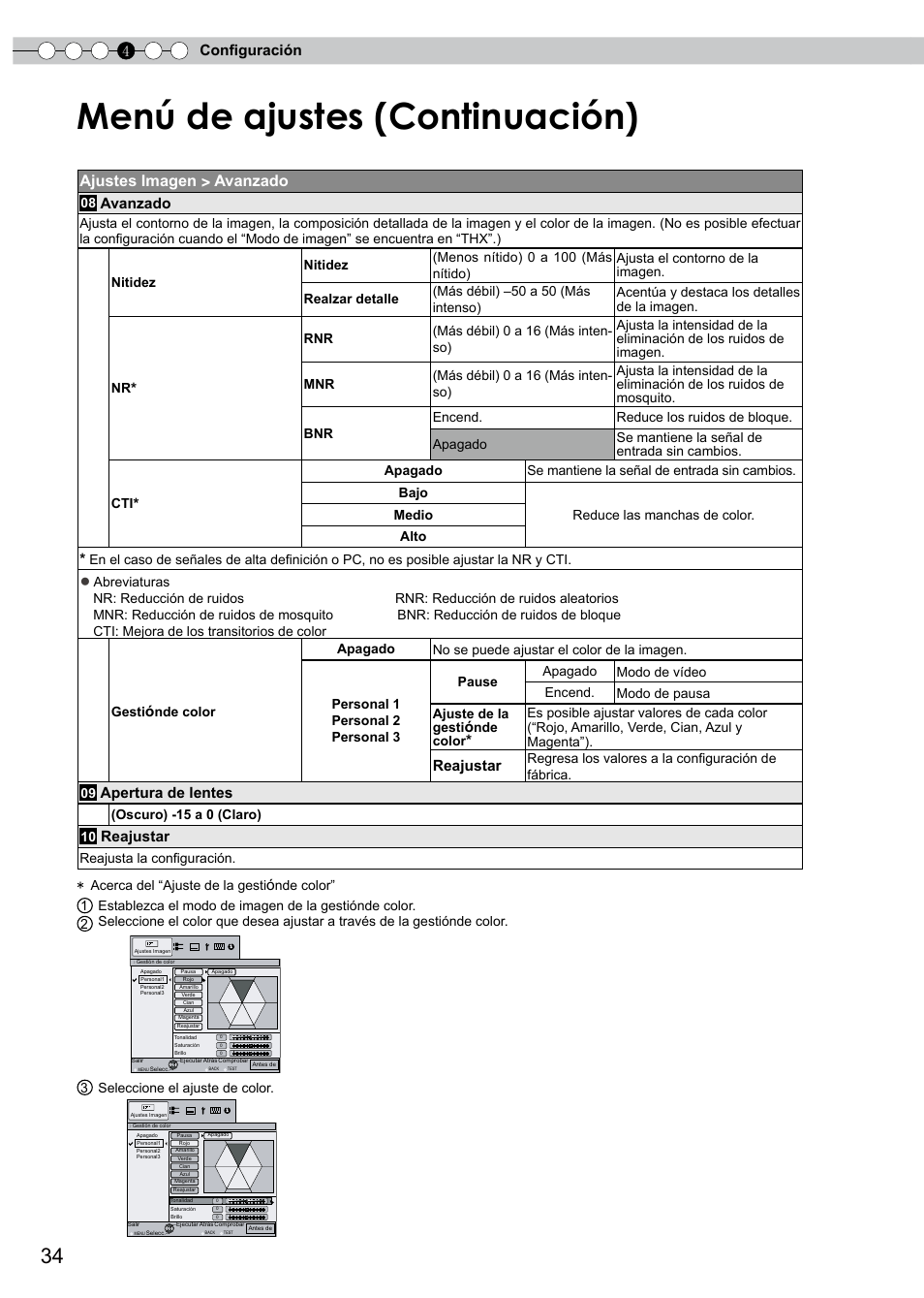 Menú de ajustes (continuación), Ajustes imagen > avanzado, 4configuración | Avanzado, Reajustar, Apertura de lentes | JVC PB006596599-0 User Manual | Page 154 / 181