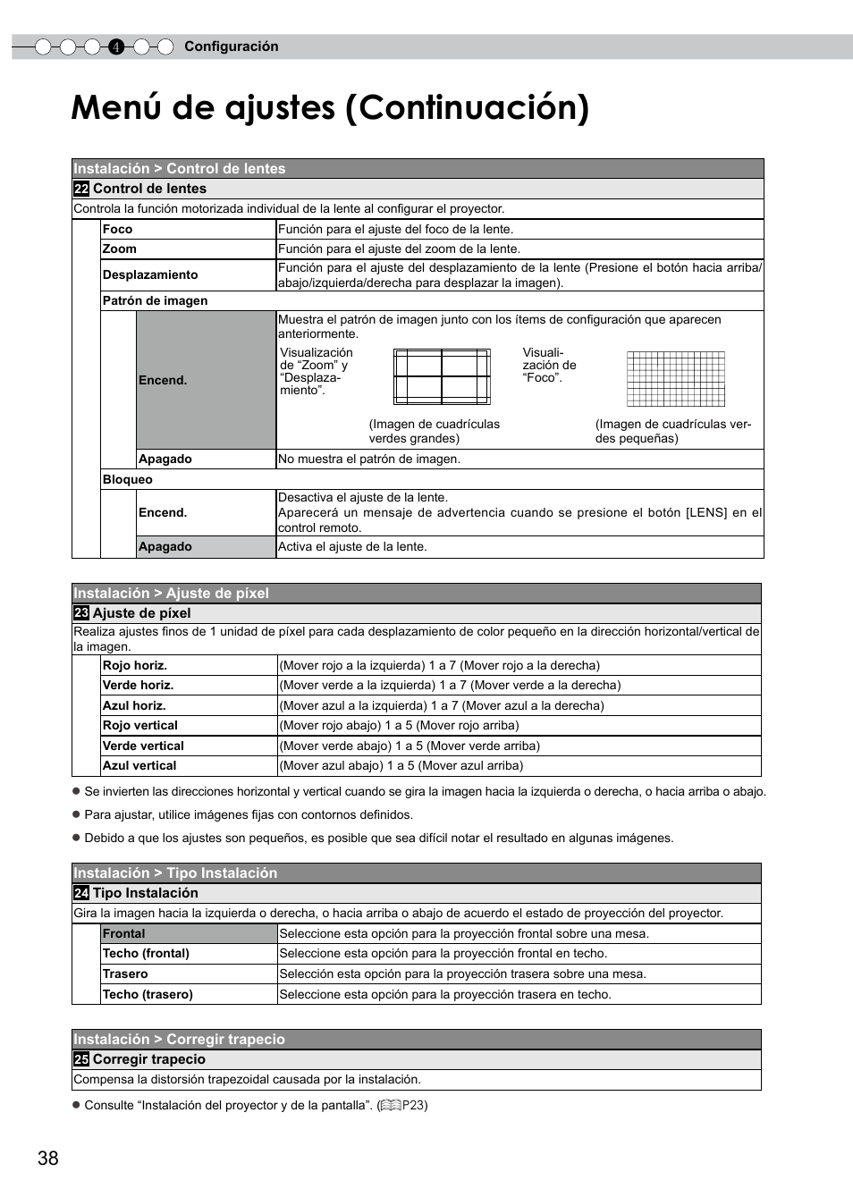 Control de la lente, Para obtener información, Menú de ajustes (continuación) | JVC PB006596599-0 User Manual | Page 158 / 181