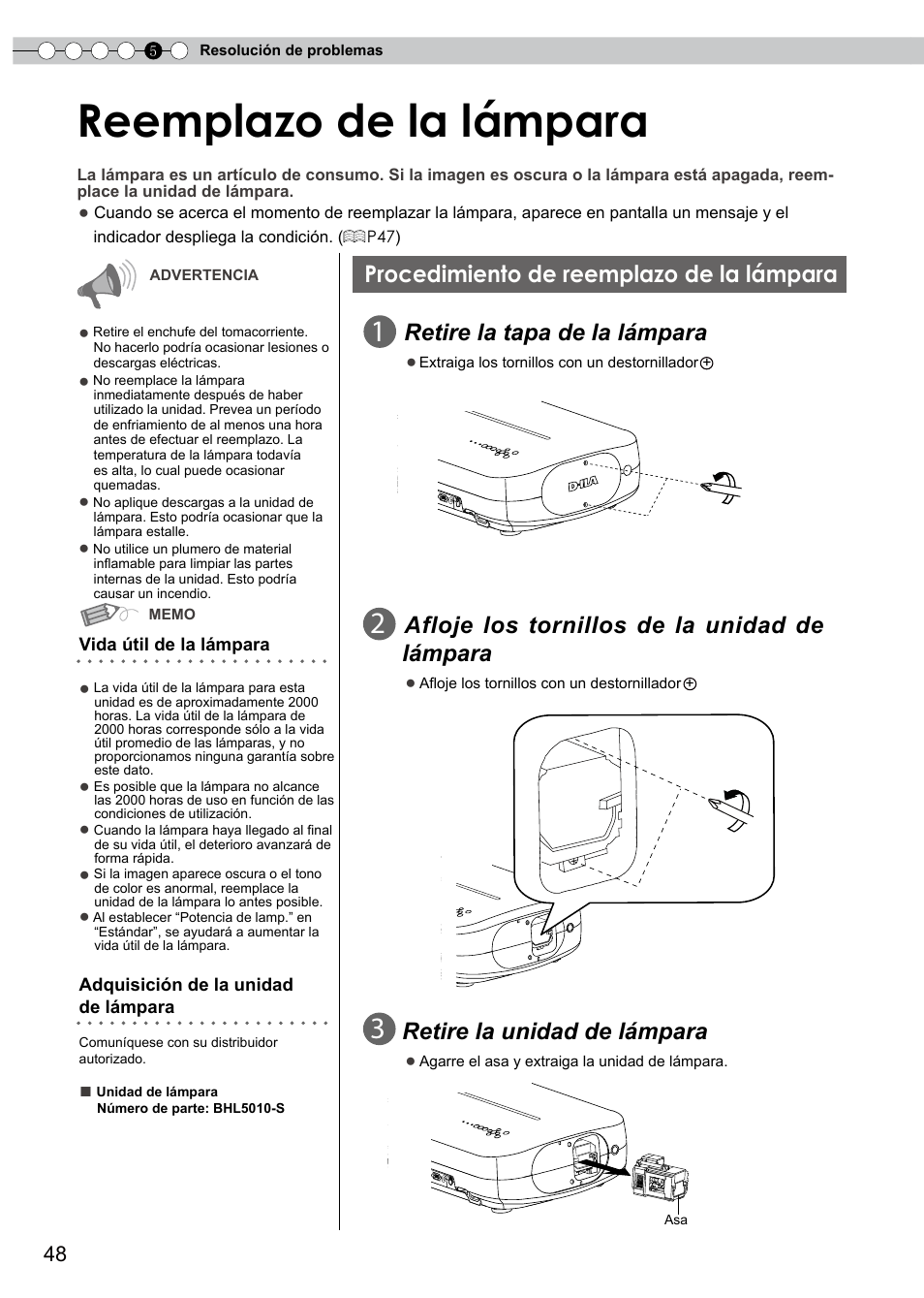 Reemplazo de la lámpara, Procedimiento de reemplazo de la lámpara, Procedimiento de reemplazo de la | Lámpara, Apa de la lámpara, P48 a 50, Vida útil, Retire la tapa de la lámpara, Afloje los tornillos de la unidad de, Retire la unidad de lámpara | JVC PB006596599-0 User Manual | Page 168 / 181