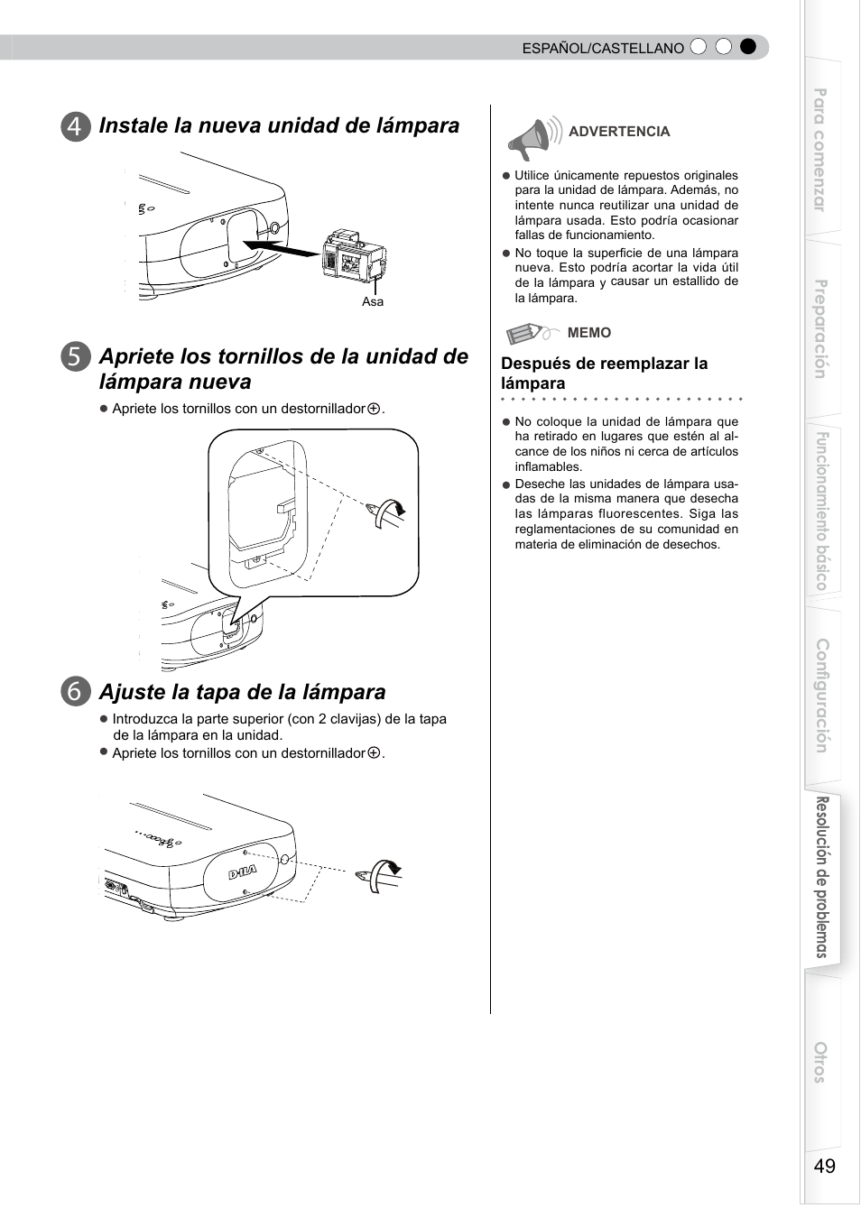 Instale la nueva unidad de lámpara, Ajuste la tapa de la lámpara | JVC PB006596599-0 User Manual | Page 169 / 181