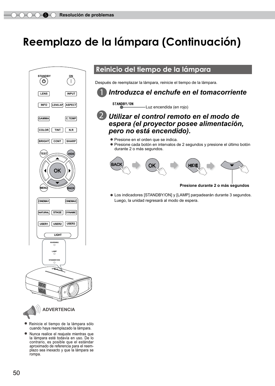 Reinicio del tiempo de la lámpara, Reemplazo de la lámpara (continuación), Introduzca el enchufe en el tomacorriente | JVC PB006596599-0 User Manual | Page 170 / 181