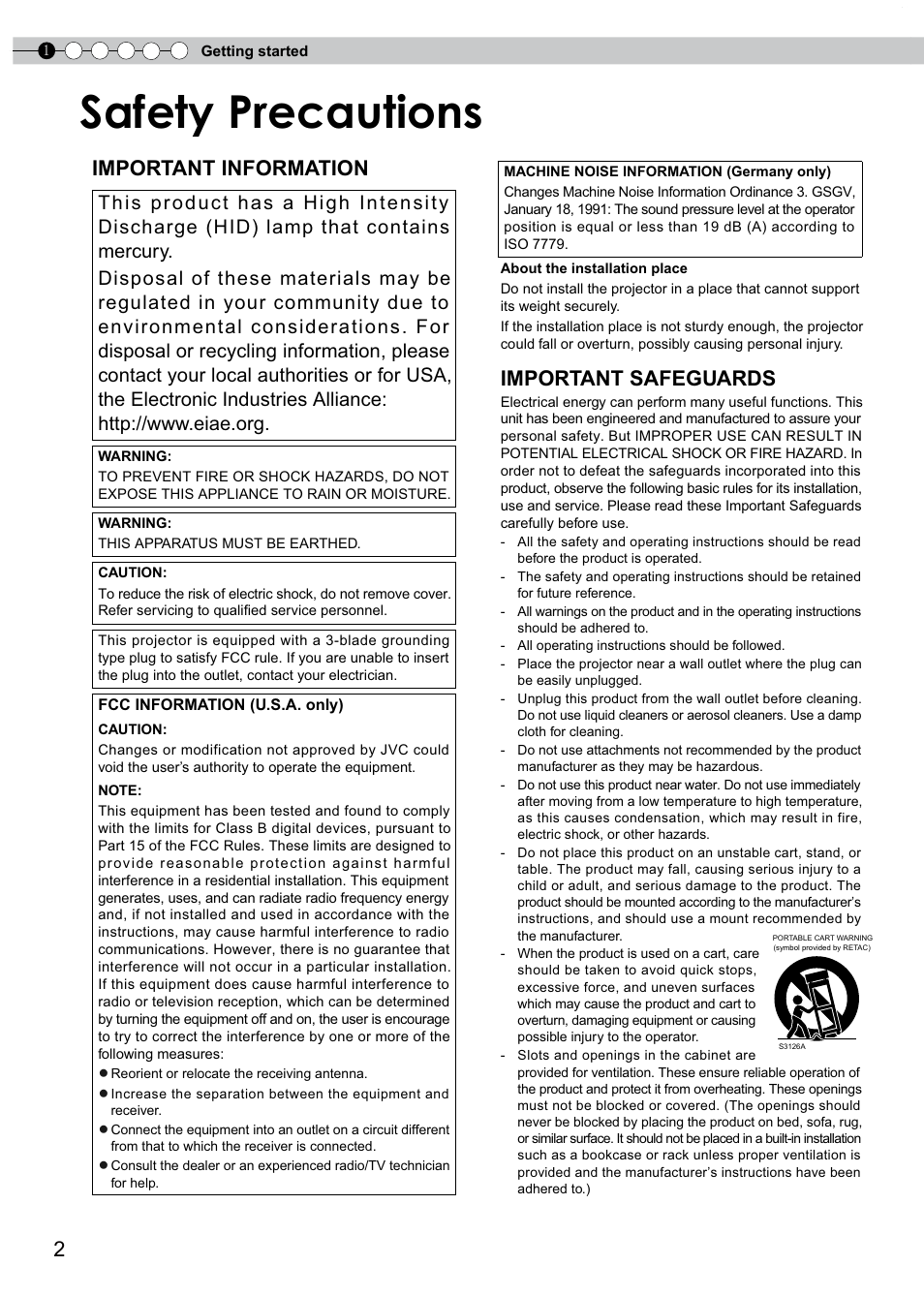 Getting started, Safety precautions, Important information | Important safeguards | JVC PB006596599-0 User Manual | Page 2 / 181
