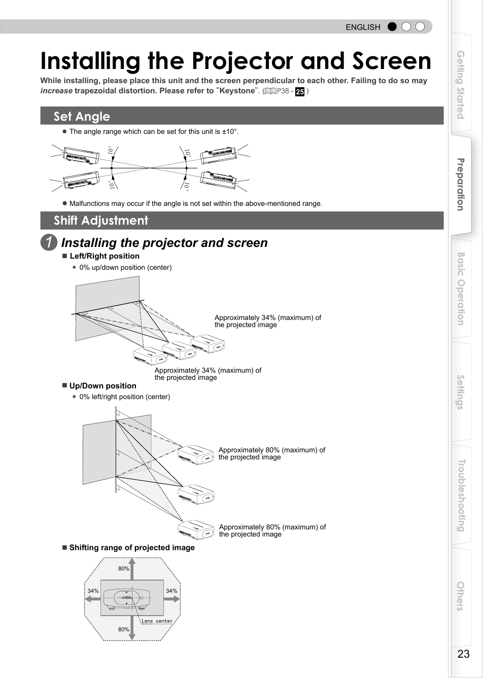 Installing the projector and screen, Set angle, Shift adjustment | Shift function | JVC PB006596599-0 User Manual | Page 23 / 181