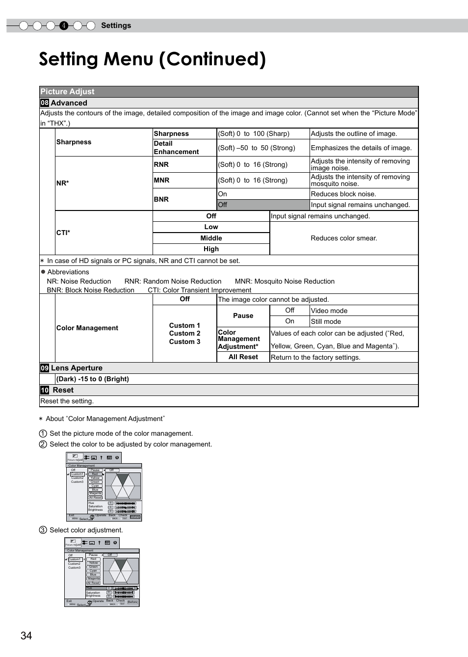 Setting menu (continued), Picture adjust, 4settings | Advanced, Lens aperture, Reset | JVC PB006596599-0 User Manual | Page 34 / 181