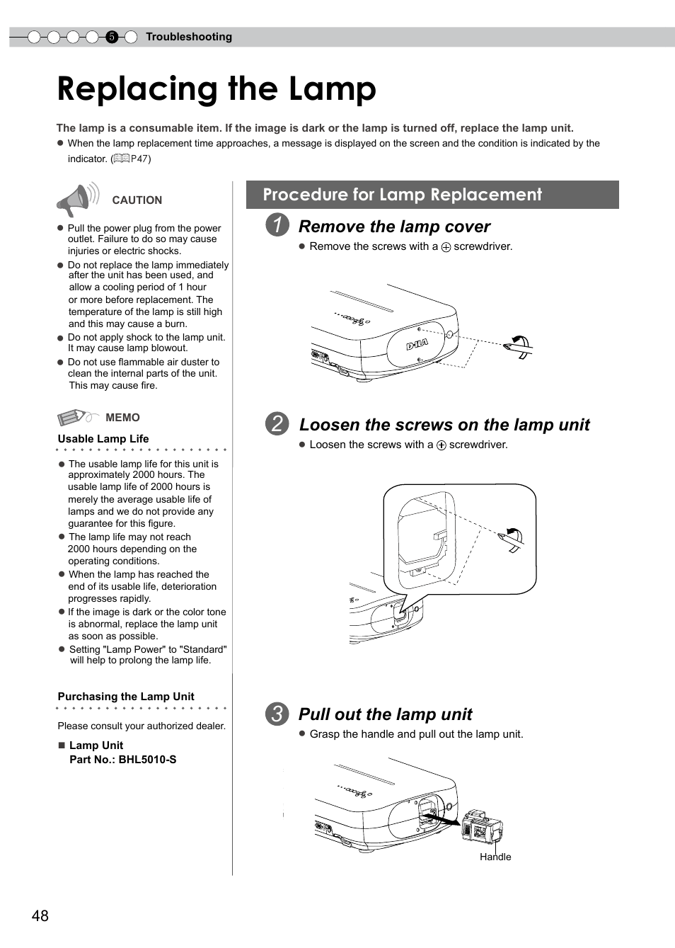 Replacing the lamp, Procedure for lamp replacement, Lamp cover | P48 to 50, Remove the lamp cover, Loosen the screws on the lamp unit, Pull out the lamp unit | JVC PB006596599-0 User Manual | Page 48 / 181