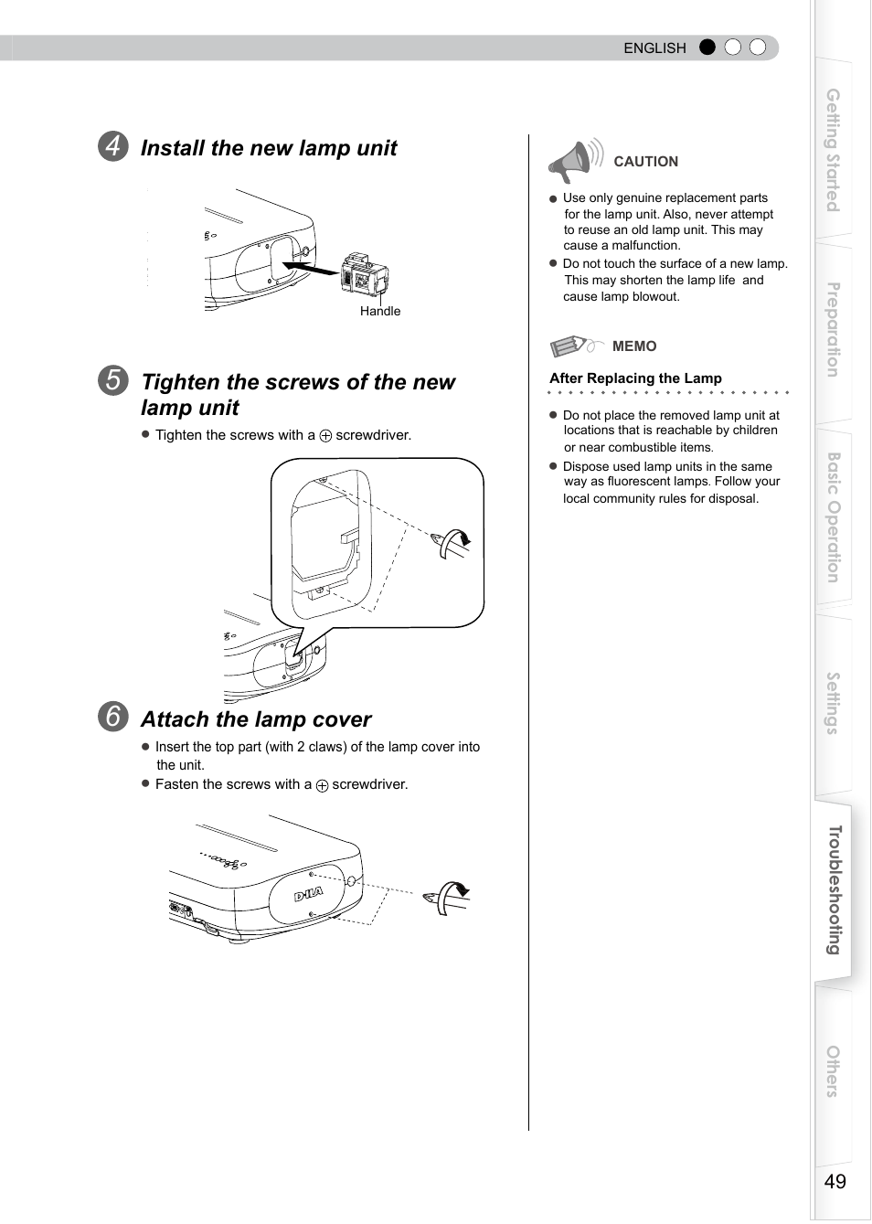 Install the new lamp unit, Tighten the screws of the new lamp unit, Attach the lamp cover | JVC PB006596599-0 User Manual | Page 49 / 181
