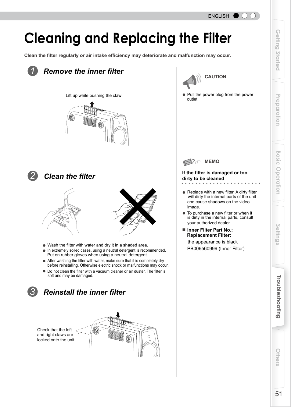Cleaning and replacing the filter, Filter, Replacing the lamp (continued) | Remove the inner filter, Reinstall the inner filter, Clean the filter | JVC PB006596599-0 User Manual | Page 51 / 181