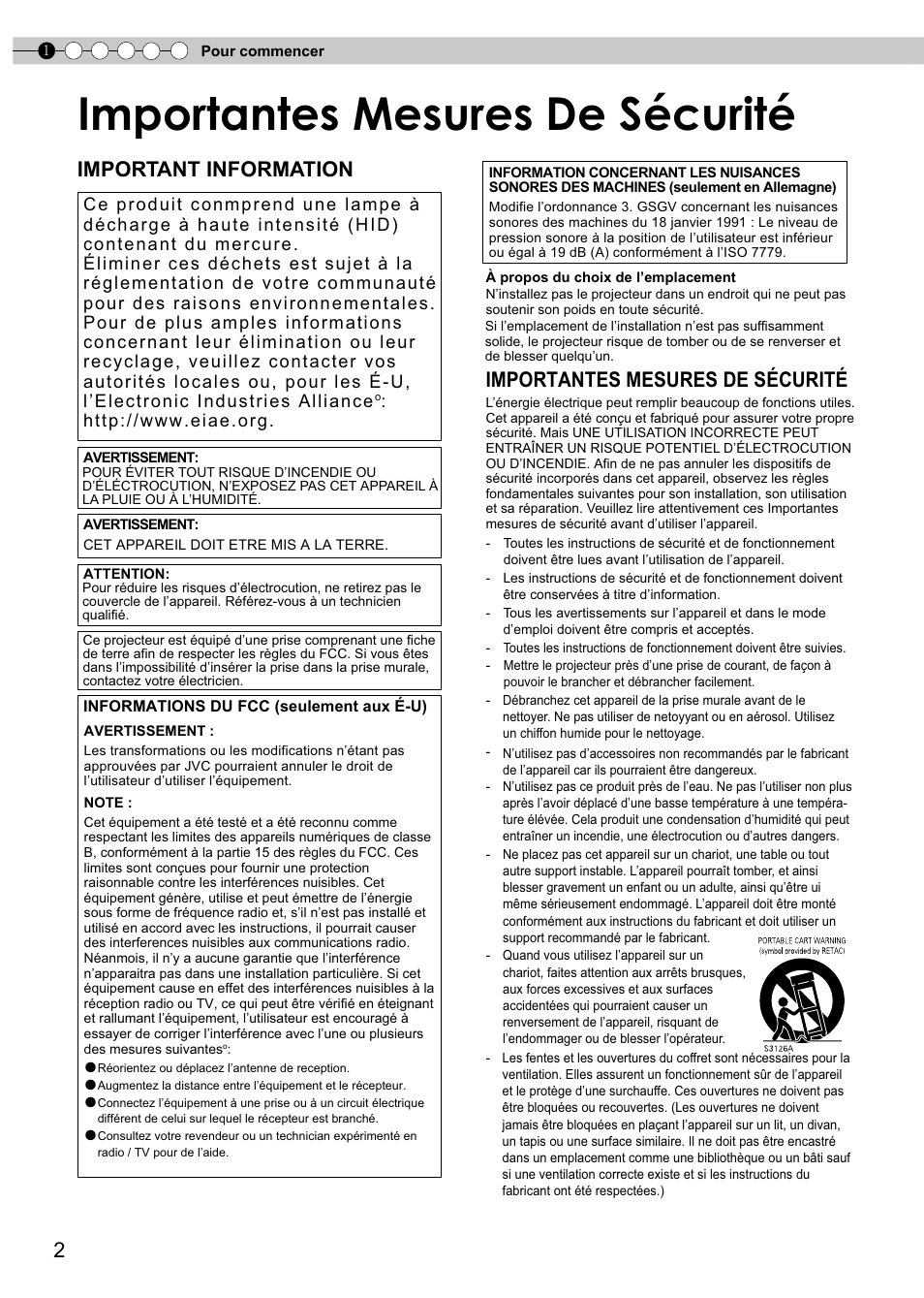 Pour commencer, Importantes mesures de sécurité, Important information | JVC PB006596599-0 User Manual | Page 62 / 181