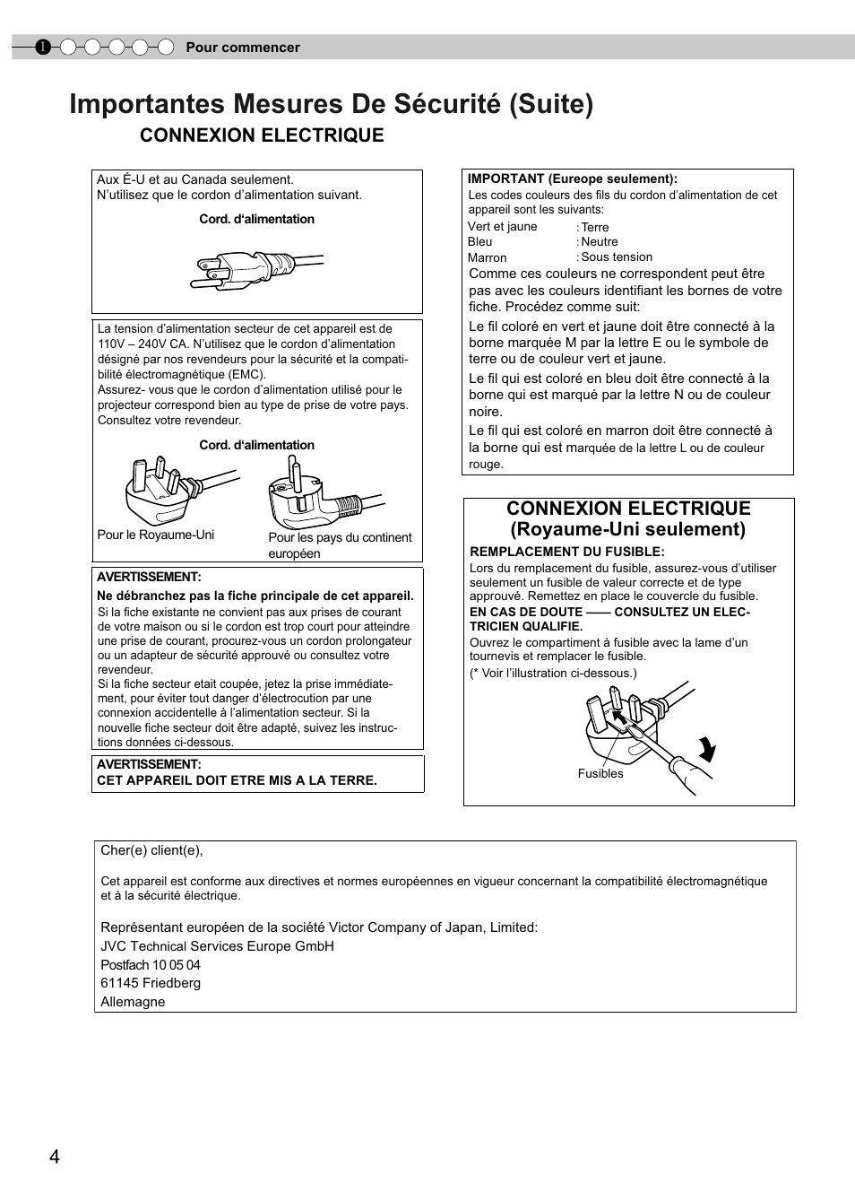 Importantes mesures de sécurité (suite), Connexion electrique, Connexion electrique (royaume-uni seulement) | JVC PB006596599-0 User Manual | Page 64 / 181