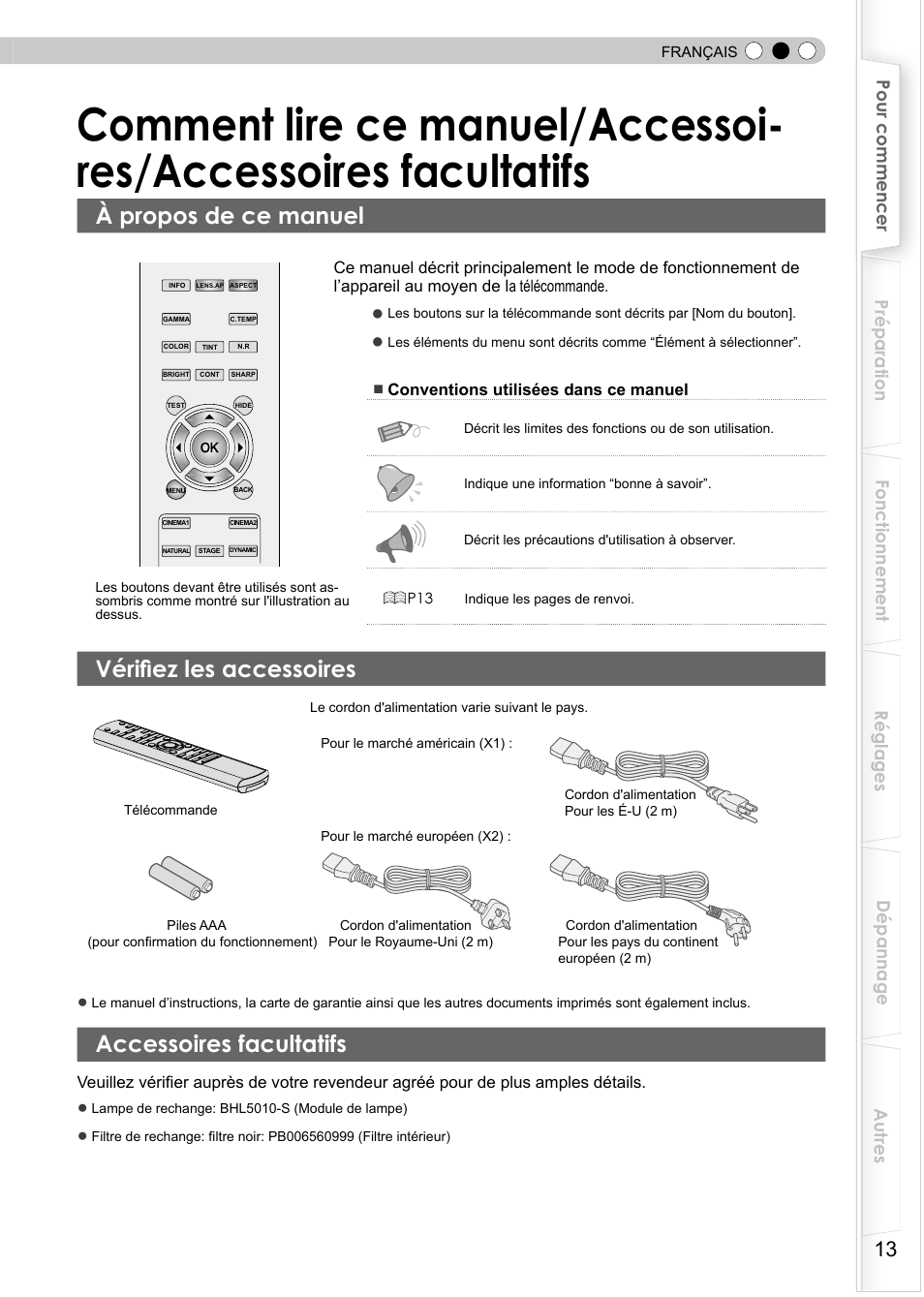 À propos de ce manuel, Vérifiez les accessoires, Accessoires facultatifs | Comment lire ce manuel / accessoires, Accessories facultatifs, Vérifier les accessoires | JVC PB006596599-0 User Manual | Page 73 / 181