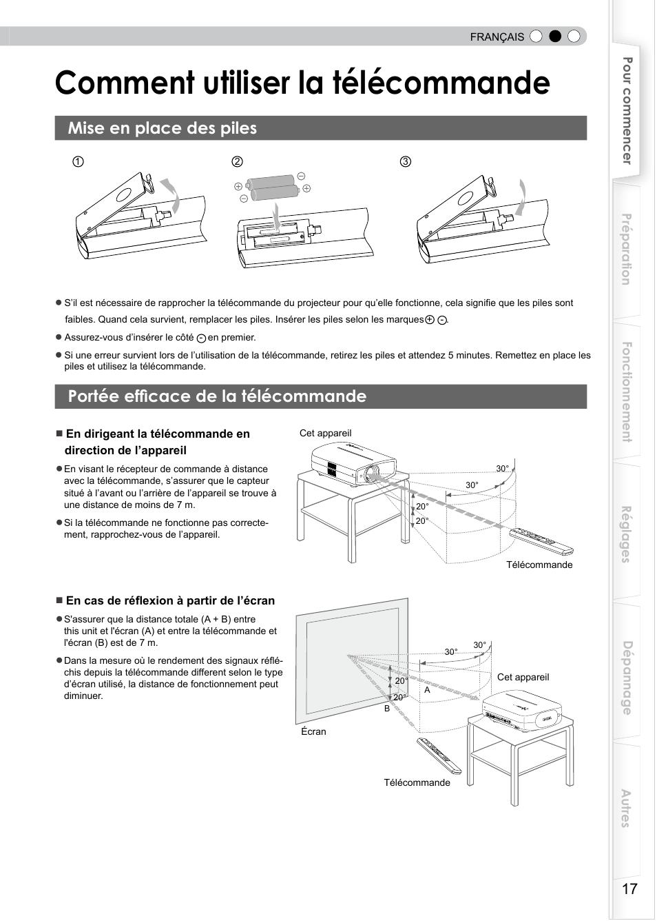 Comment utiliser la télécommande, Mise en place des piles, Portée efficace de la télécommande | Mise en place des batteries | JVC PB006596599-0 User Manual | Page 77 / 181