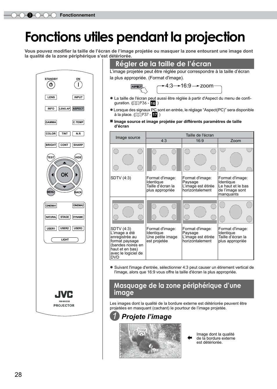 Fonctions utiles pendant la projection, Régler de la taille de l’écran, Masquage de la zone périphérique d’une image | Réglage de la taille de l'écran, Masquage de la zone périphérique, D'une mage, Projete l’image, 3 16:9 zoom | JVC PB006596599-0 User Manual | Page 88 / 181