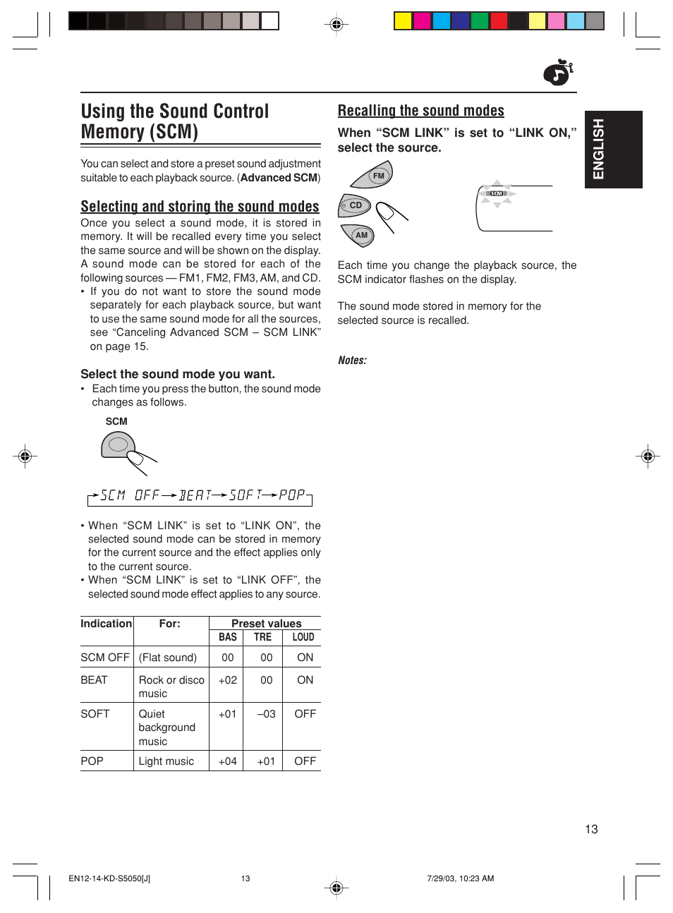 Recalling the sound modes, Selecting and storing the sound modes, English | JVC KD-S5050 User Manual | Page 13 / 25