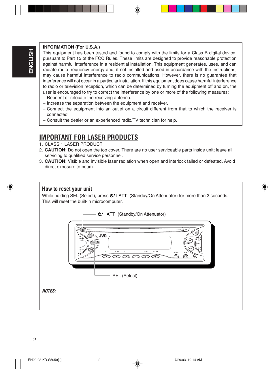 Important for laser products, English, How to reset your unit | JVC KD-S5050 User Manual | Page 2 / 25