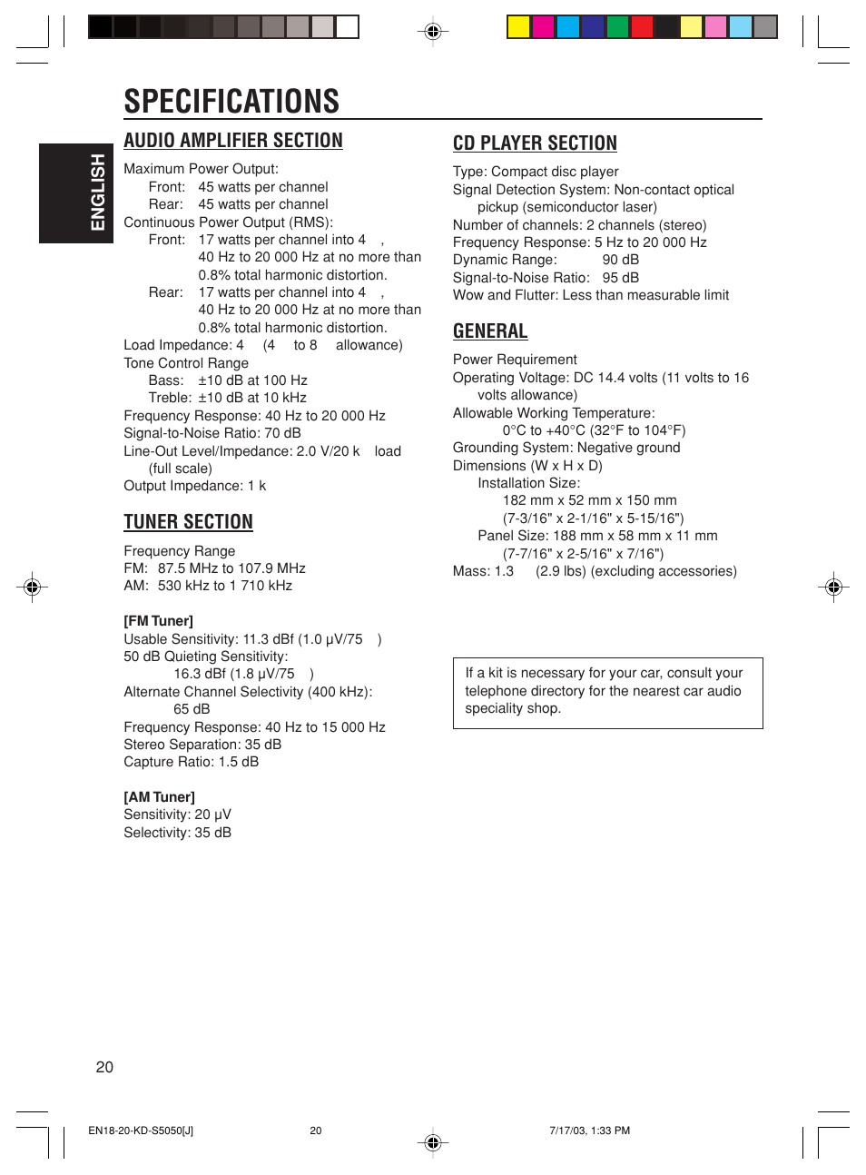 Specifications, General, English | JVC KD-S5050 User Manual | Page 20 / 25