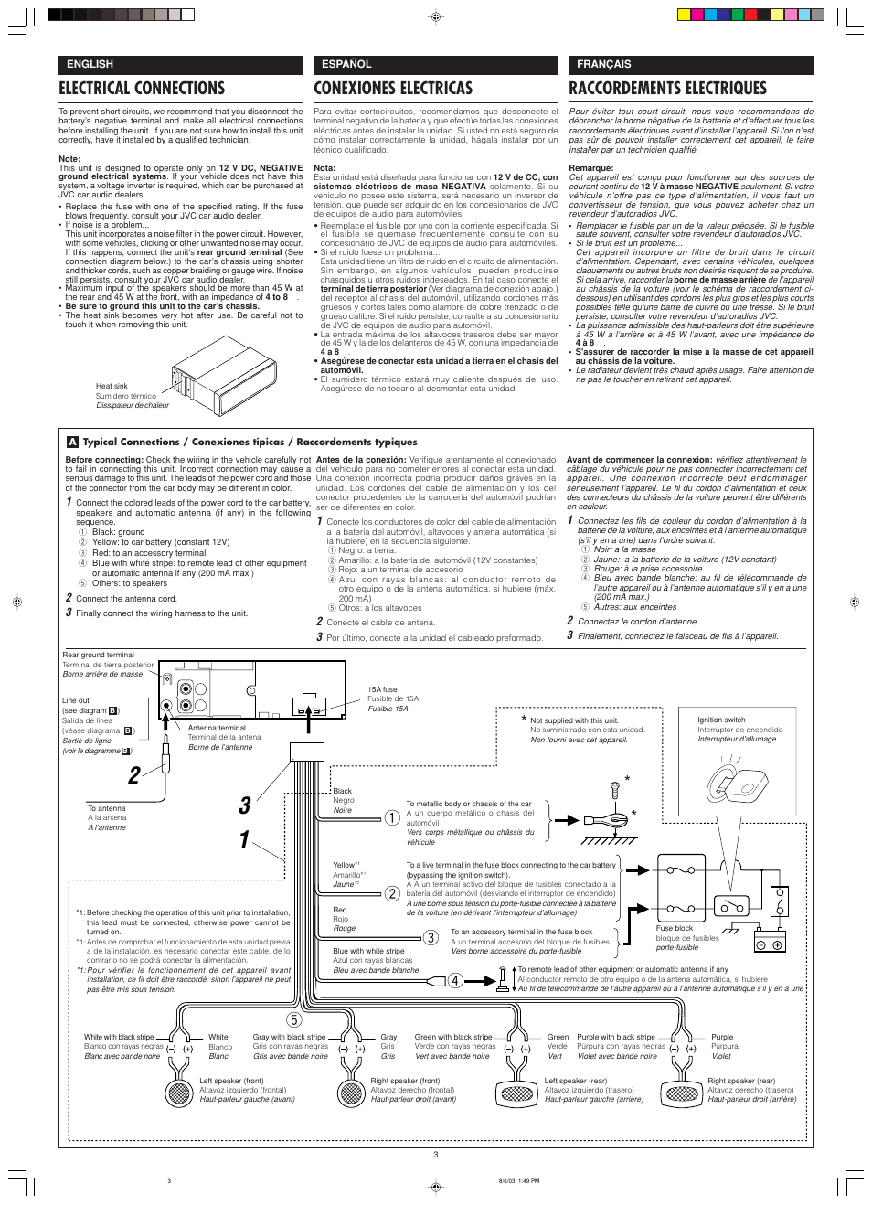 Electrical connections, Raccordements electriques, Conexiones electricas | JVC KD-S5050 User Manual | Page 24 / 25