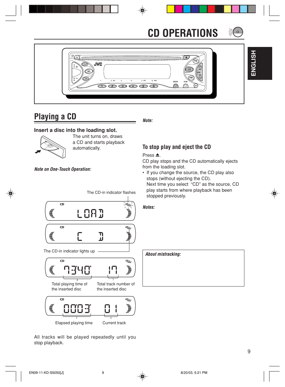 Cd operations, Playing a cd, English | Insert a disc into the loading slot | JVC KD-S5050 User Manual | Page 9 / 25