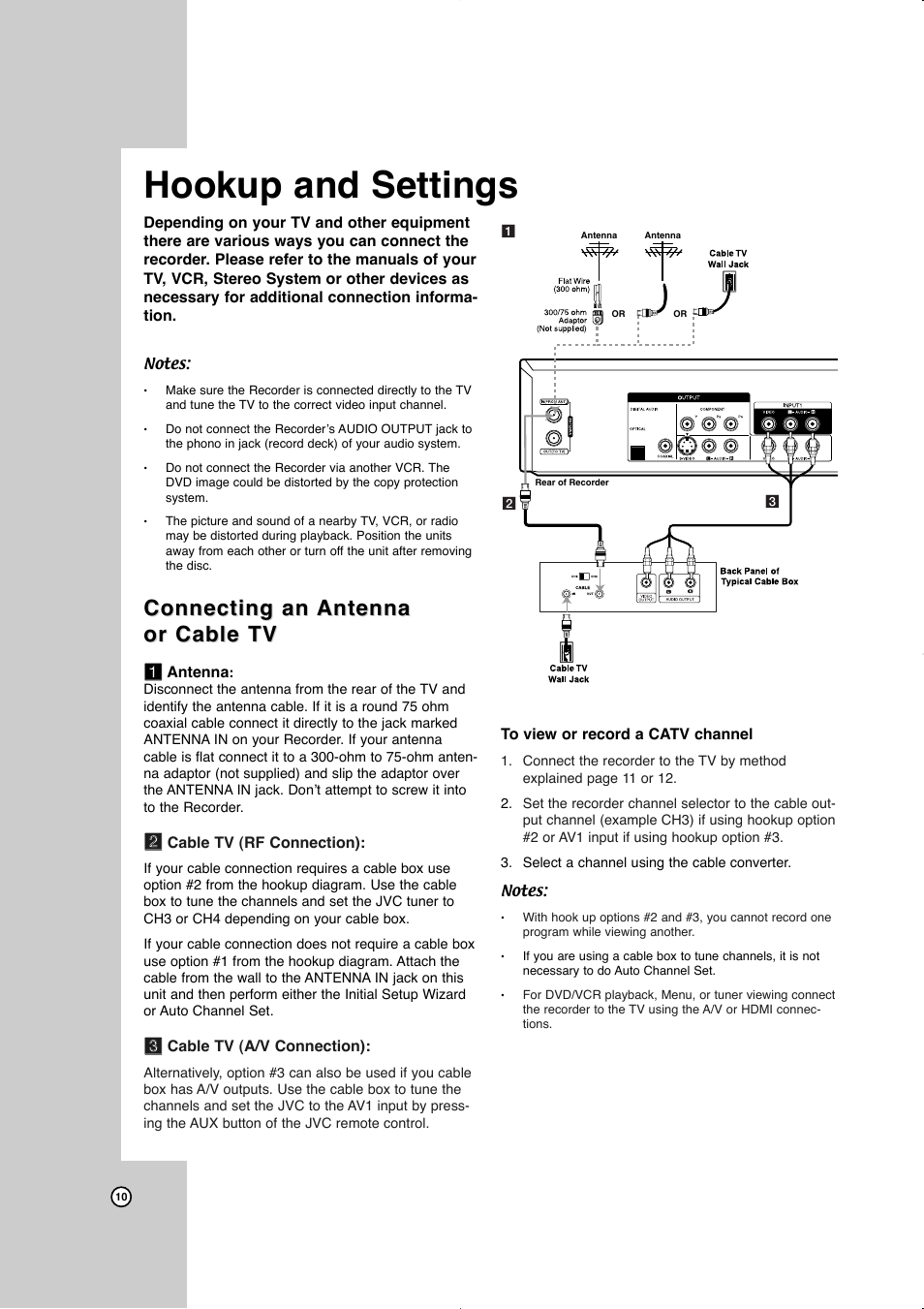 Hookup and settings, Connecting an antenna or cable tv, Connecting an | JVC LVT2016-001D User Manual | Page 14 / 60