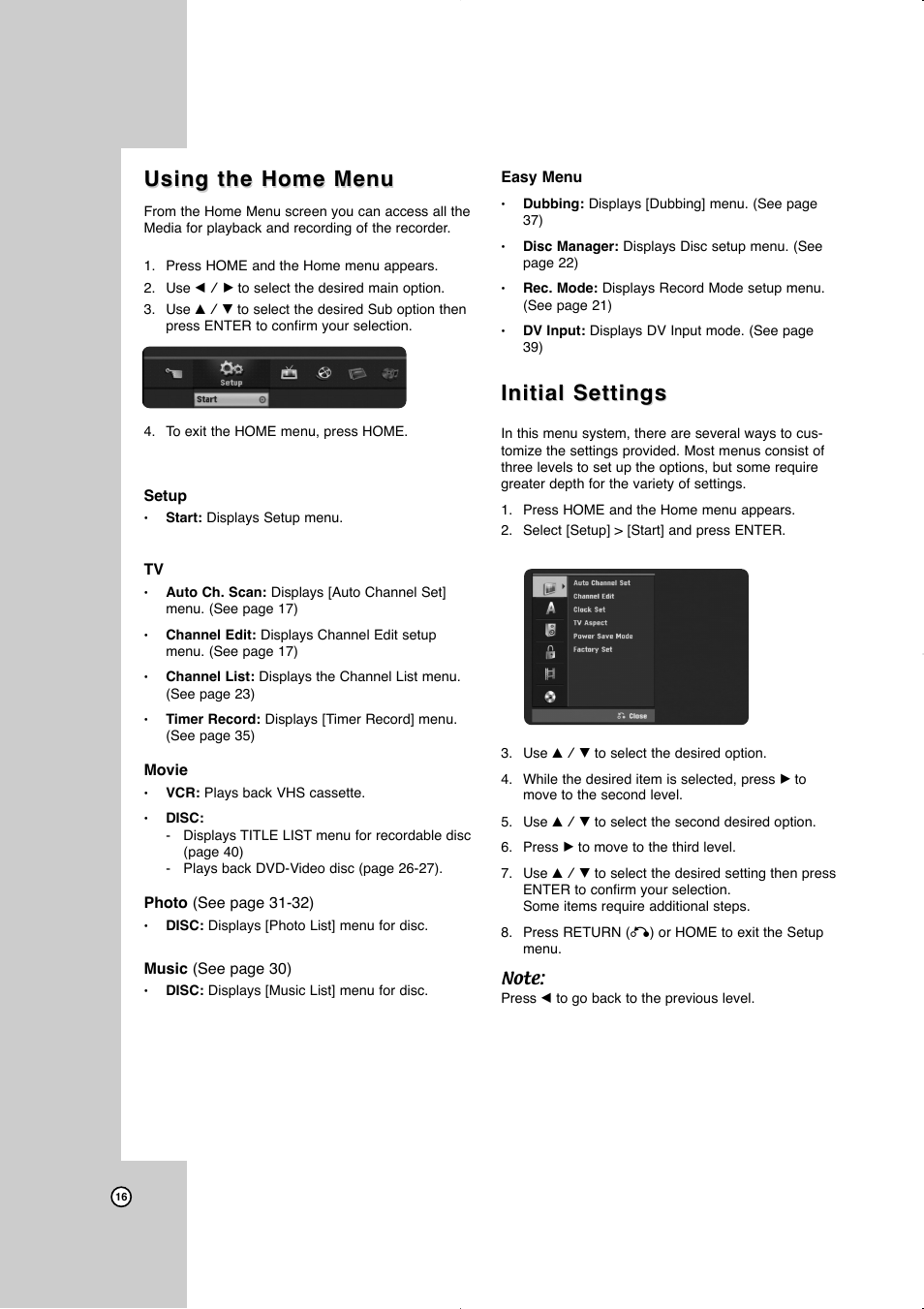 Using the home menu, Initial settings | JVC LVT2016-001D User Manual | Page 20 / 60