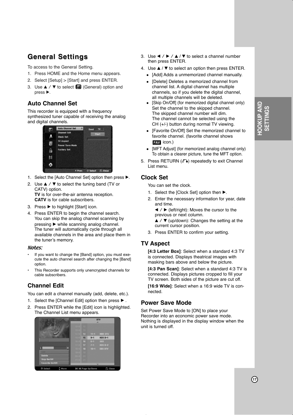 General settings, Hookup and settings, Auto channel set | Channel edit, Clock set, Tv aspect, Power save mode | JVC LVT2016-001D User Manual | Page 21 / 60