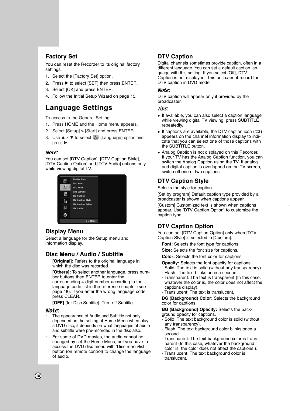 Language settings, Factory set, Display menu | Disc menu / audio / subtitle, Dtv caption, Dtv caption style, Dtv caption option | JVC LVT2016-001D User Manual | Page 22 / 60