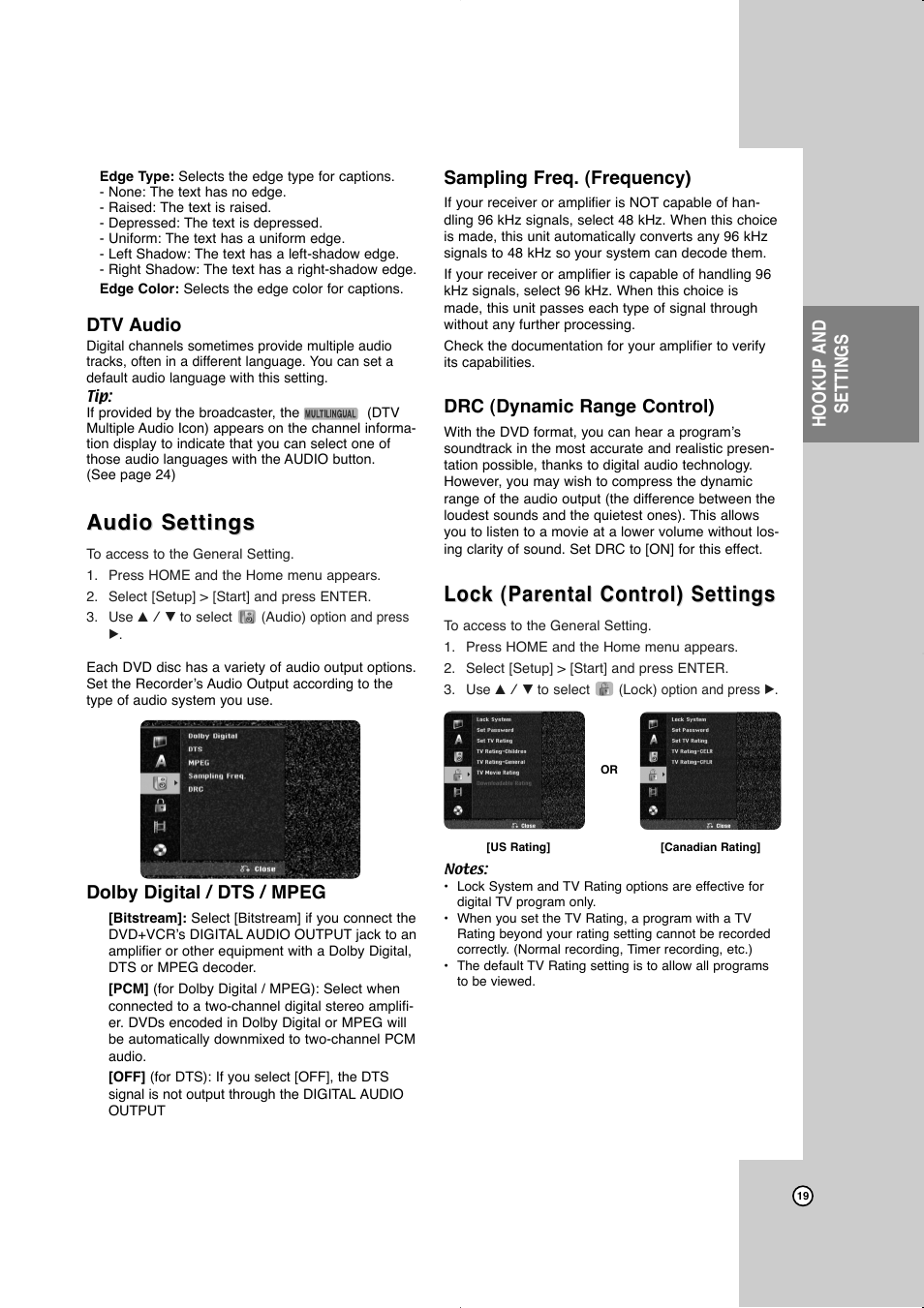 Audio settings, Lock (parental control) settings, Hookup and settings | Dtv audio, Dolby digital / dts / mpeg, Sampling freq. (frequency), Drc (dynamic range control) | JVC LVT2016-001D User Manual | Page 23 / 60