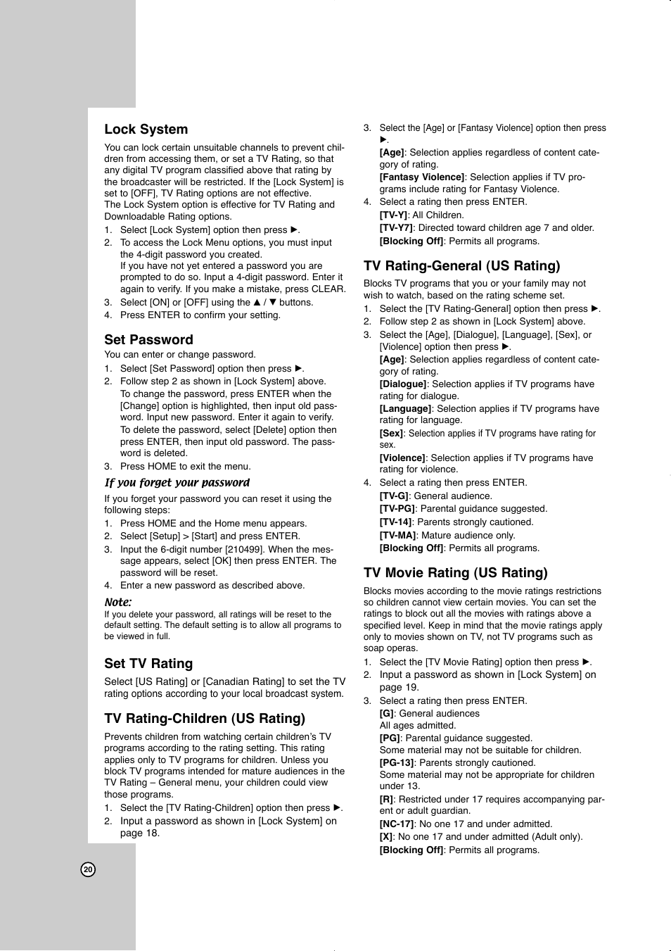 Lock system, Set password, Set tv rating | Tv rating-children (us rating), Tv rating-general (us rating), Tv movie rating (us rating) | JVC LVT2016-001D User Manual | Page 24 / 60