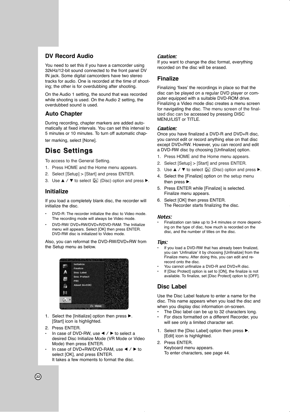 Disc settings, Dv record audio, Auto chapter | Initialize, Finalize, Disc label | JVC LVT2016-001D User Manual | Page 26 / 60