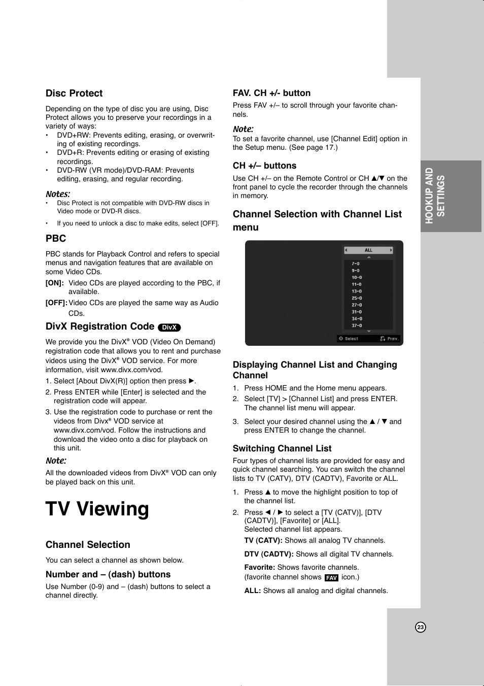Tv viewing, Channel selection, Channel selection with channel list menu | Reference, Hookup and settings disc protect, Divx registration code | JVC LVT2016-001D User Manual | Page 27 / 60
