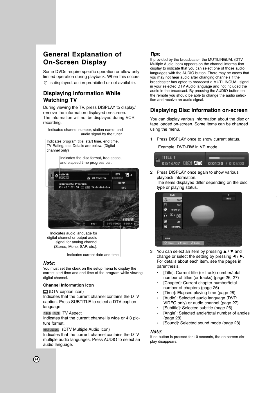 General explanation of on-screen display, General explanation of, Displaying information while watching tv | Displaying disc information on-screen | JVC LVT2016-001D User Manual | Page 28 / 60