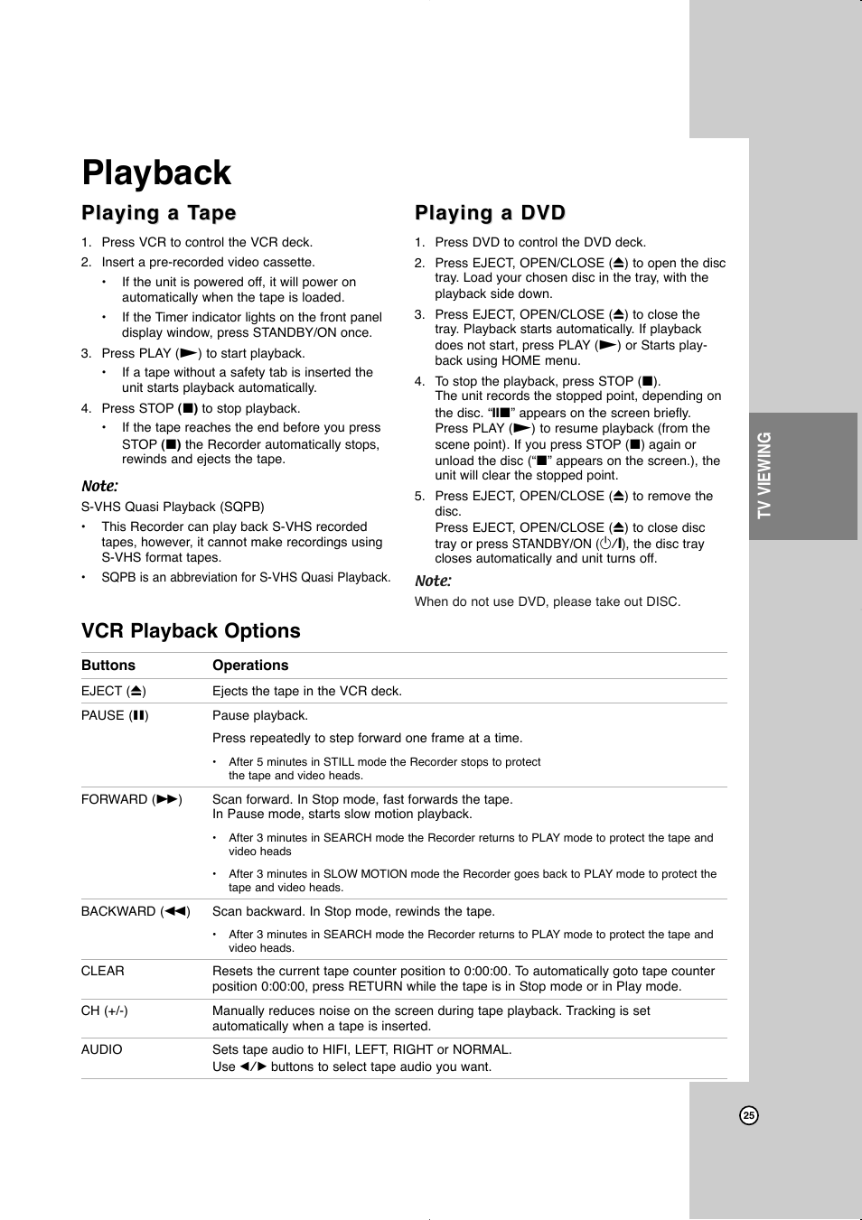 Playback, Playing a tape, Playing a dvd | Playing a t, Playing a t ape ape, Vcr playback options, Tv viewing | JVC LVT2016-001D User Manual | Page 29 / 60