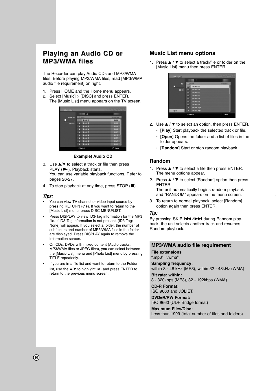 Playing an audio cd or mp3/wma files files, Playing an, Music list menu options | JVC LVT2016-001D User Manual | Page 34 / 60