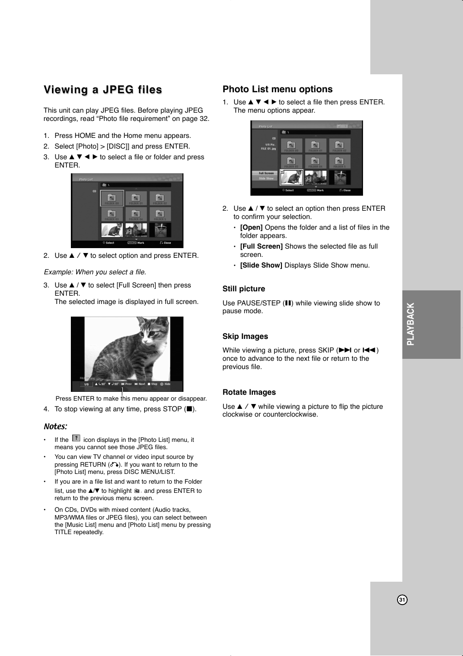 Viewing a jpeg files, Viewing a jpeg files iewing a jpeg files, Pla yback | Photo list menu options | JVC LVT2016-001D User Manual | Page 35 / 60