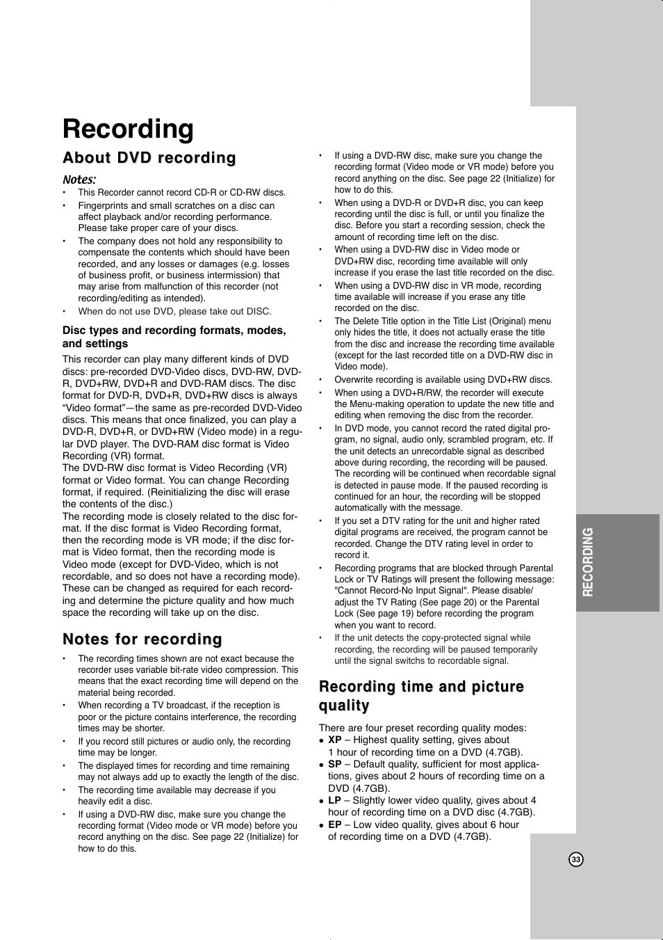 Recording, About dvd recording, Notes for recording | Recording time and picture quality, Recording time and picture, Recording time and picture quality quality | JVC LVT2016-001D User Manual | Page 37 / 60