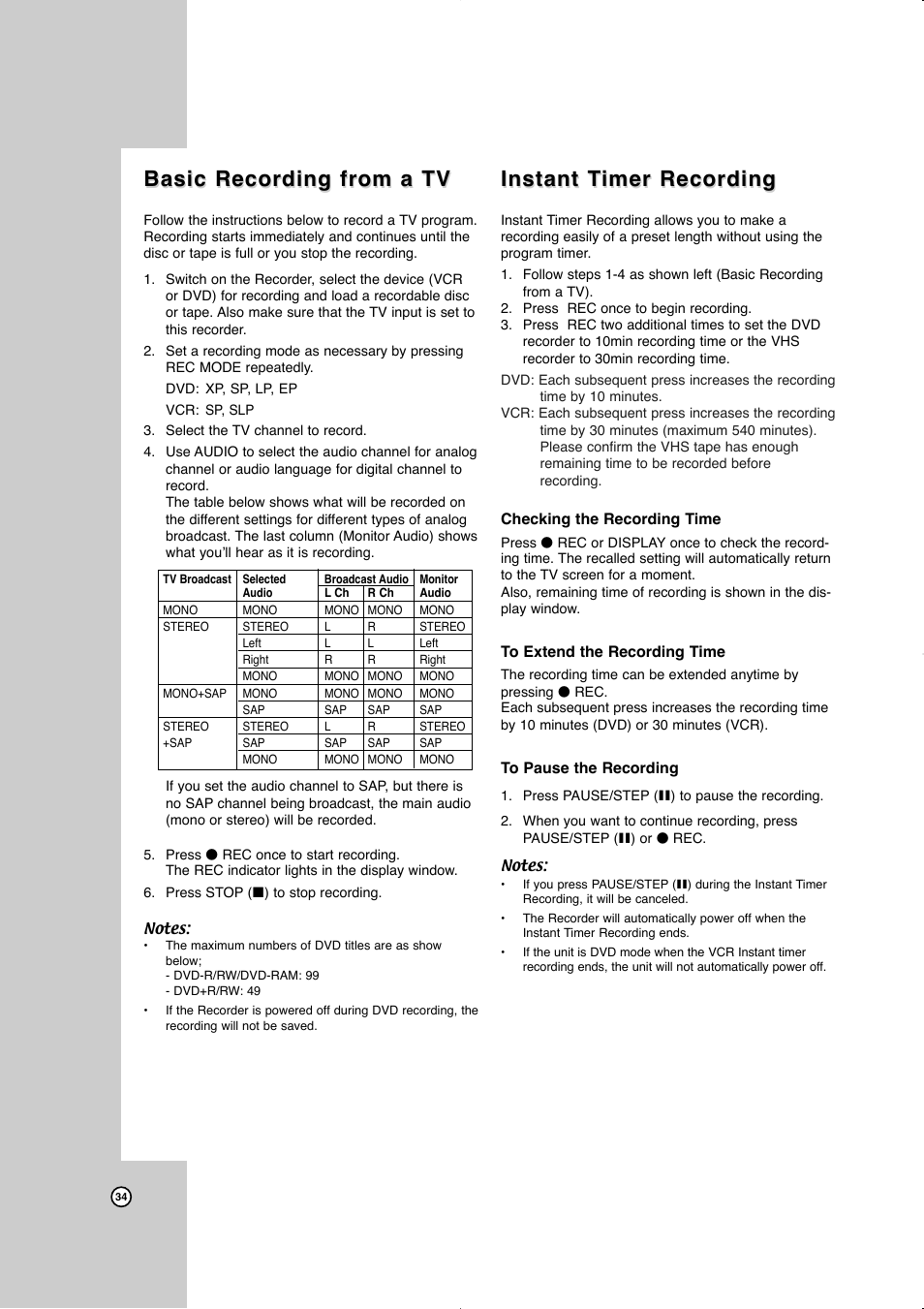 Basic recording from a tv, Instant timer recording, Instant t | Instant t imer recording imer recording | JVC LVT2016-001D User Manual | Page 38 / 60