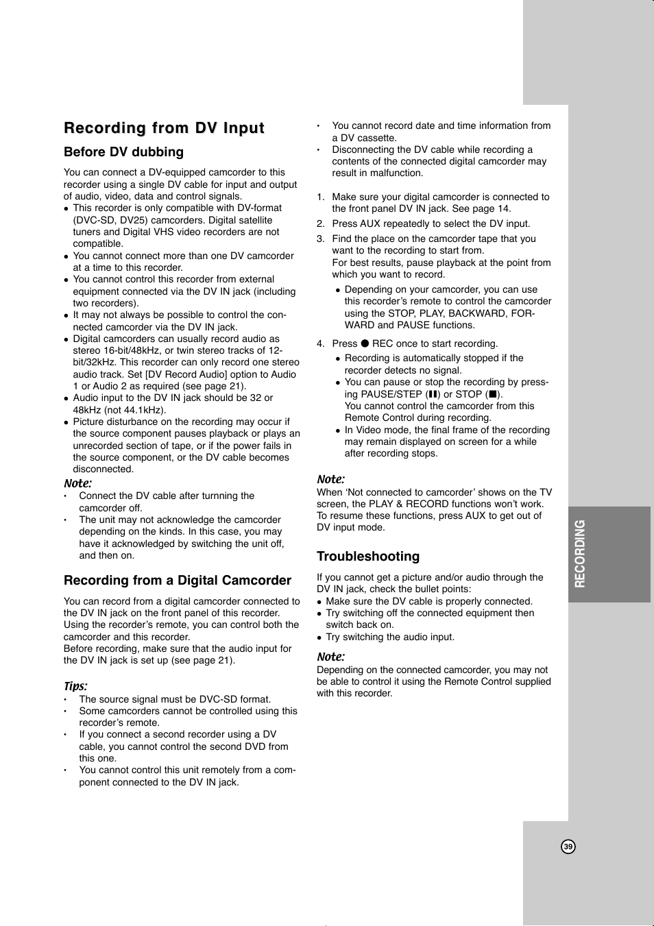 Recording from dv input, Recording, Before dv dubbing | Recording from a digital camcorder, Troubleshooting | JVC LVT2016-001D User Manual | Page 43 / 60