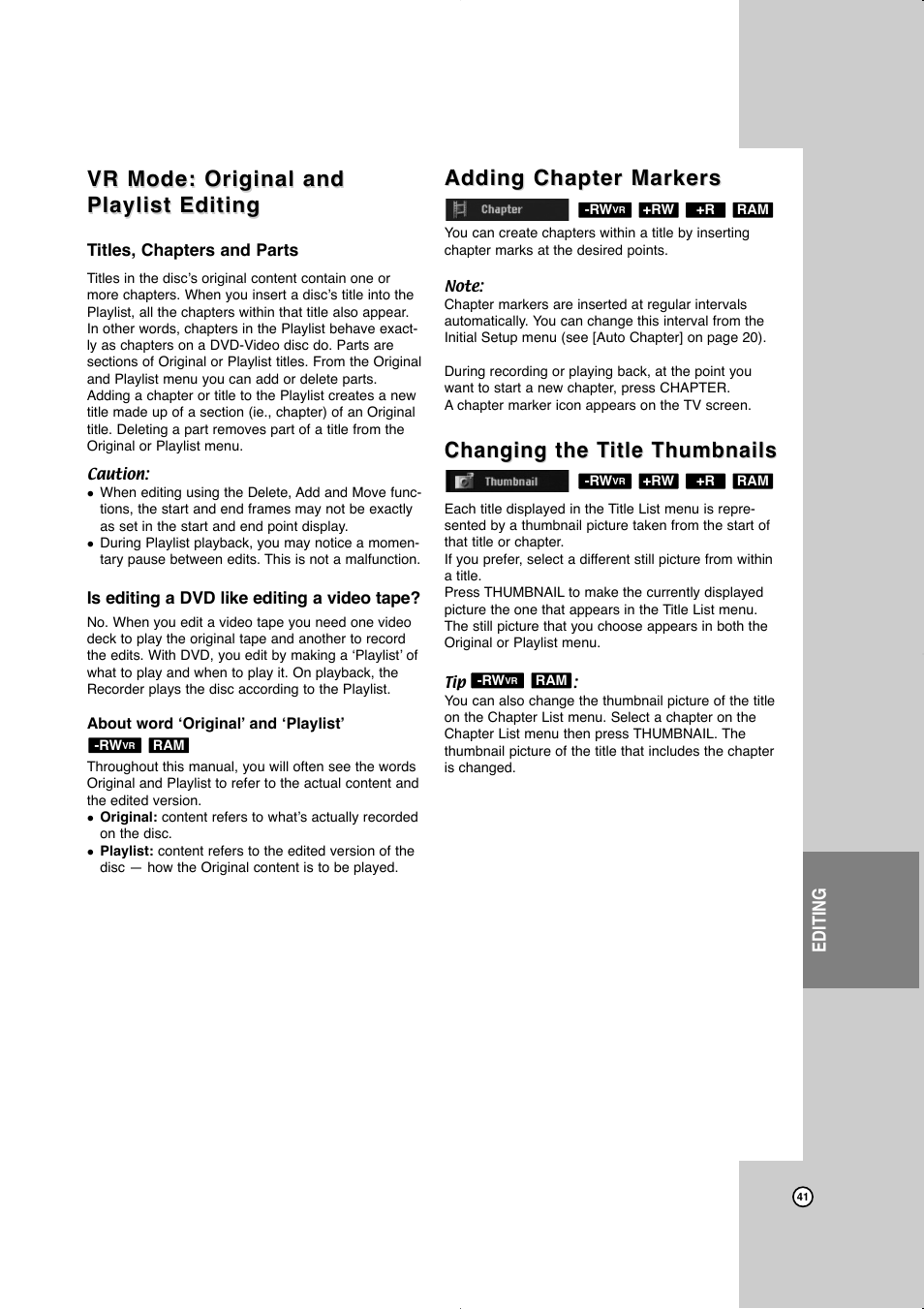 Vr mode: original and playlist editing, Adding chapter markers, Changing the title thumbnails | Vr mode: original and, Changing the t, Changing the t itle thumbnails itle thumbnails | JVC LVT2016-001D User Manual | Page 45 / 60